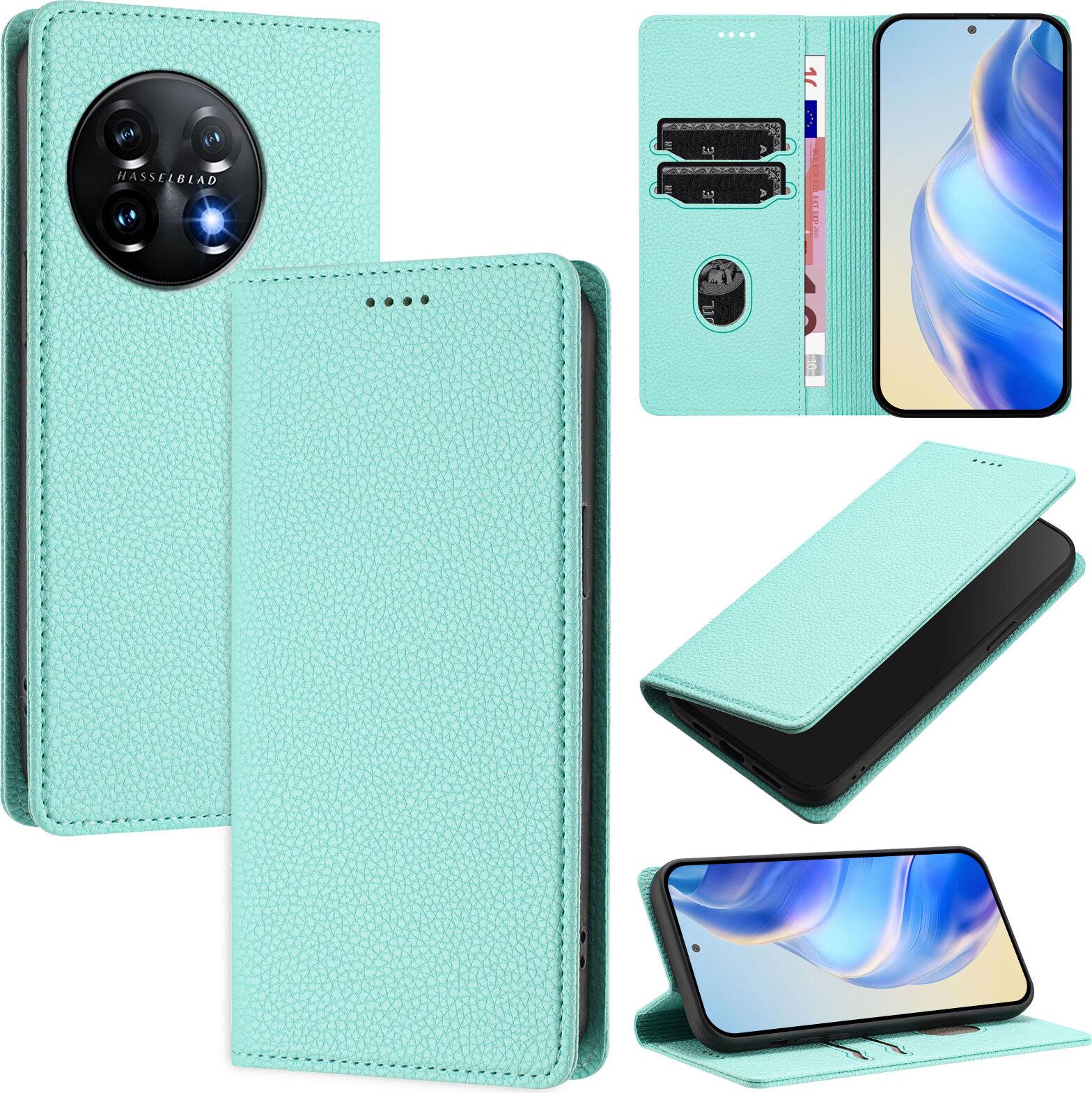 Custodia In Pelle Per Oneplus 11, Pelle Litschi, Custodia A Portafoglio Con Slot Per Carte E Supporto Turchese