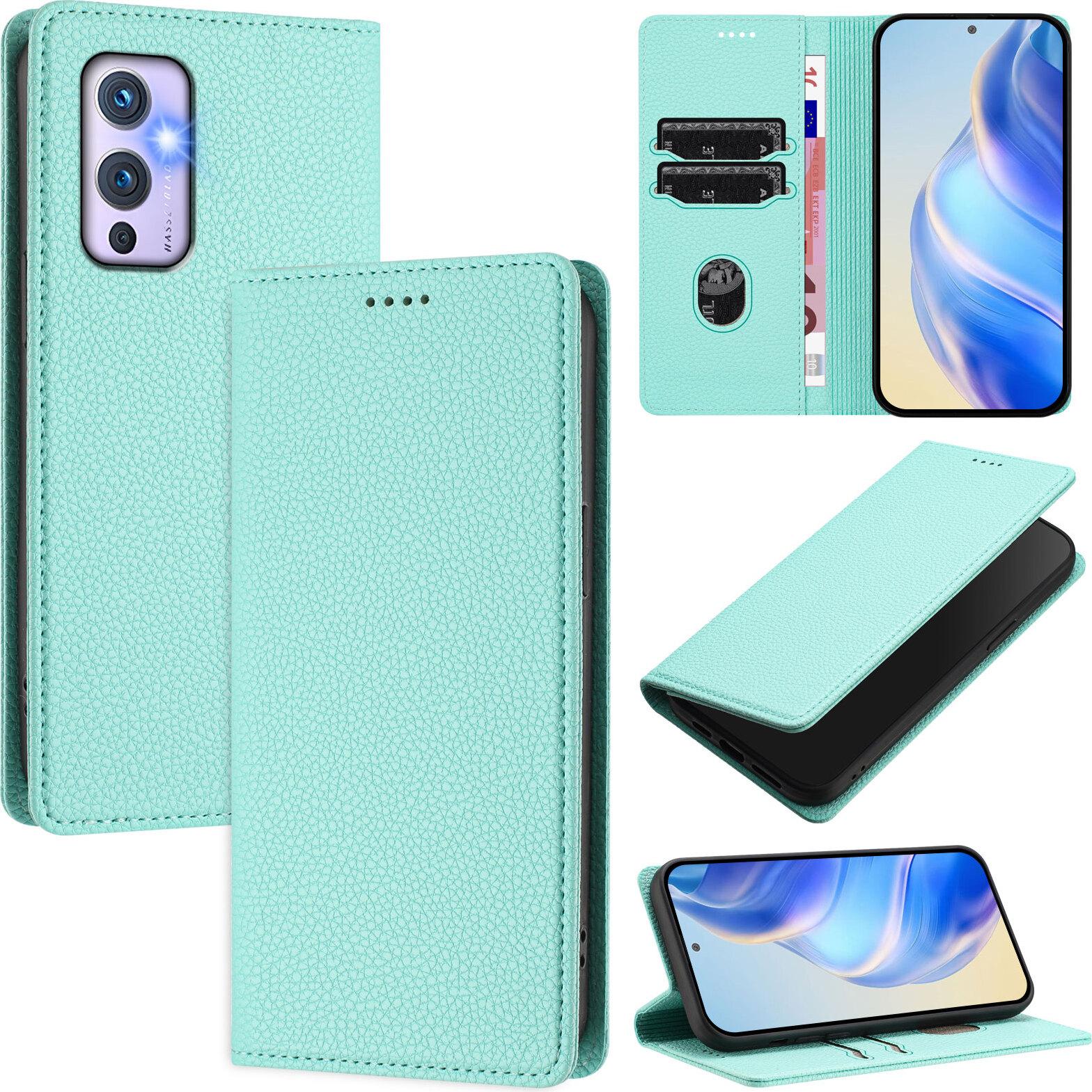 Custodia In Pelle Per Oneplus 9, Pelle Litschi, Custodia A Portafoglio Con Slot Per Carte E Supporto Turchese