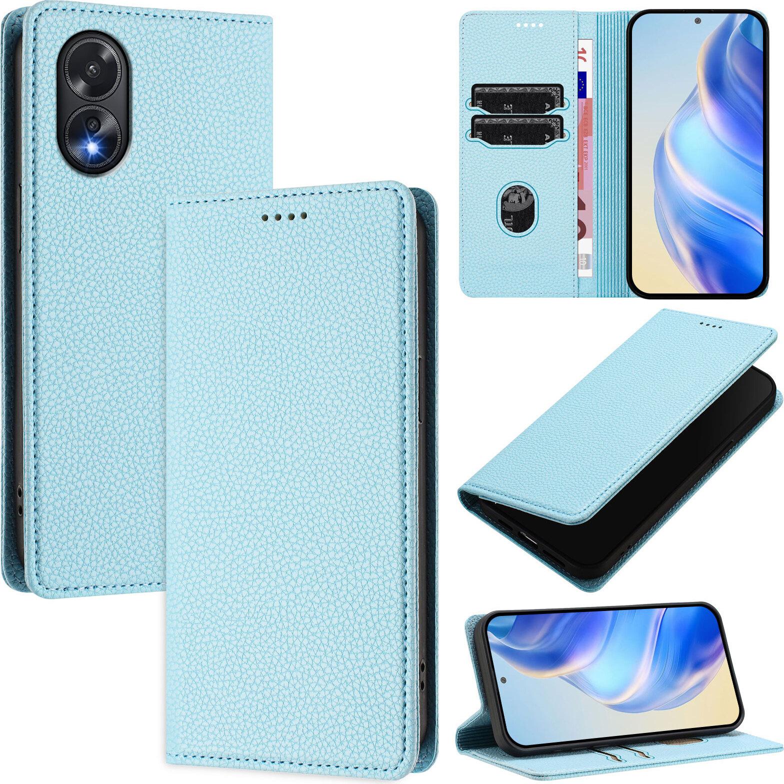 Custodia In Pelle Per Oppo A38/Oppo A18, Pelle Litschi, Custodia A Portafoglio Con Slot Per Carte E Supporto Azzurro