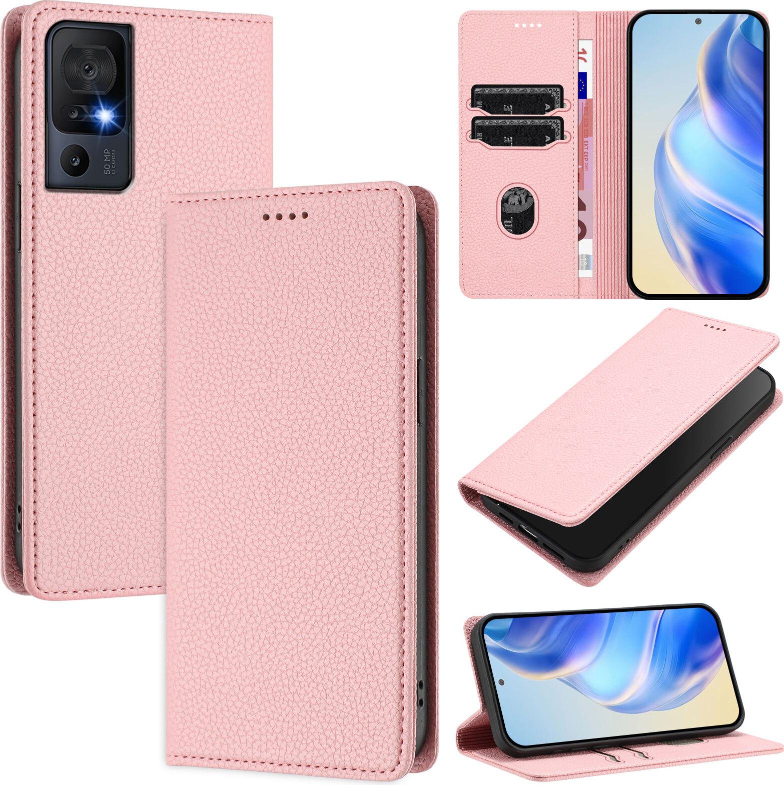 Custodia In Pelle Per Tcl 40 Se, Pelle Litschi, Custodia A Portafoglio Con Slot Per Carte E Supporto Rosa