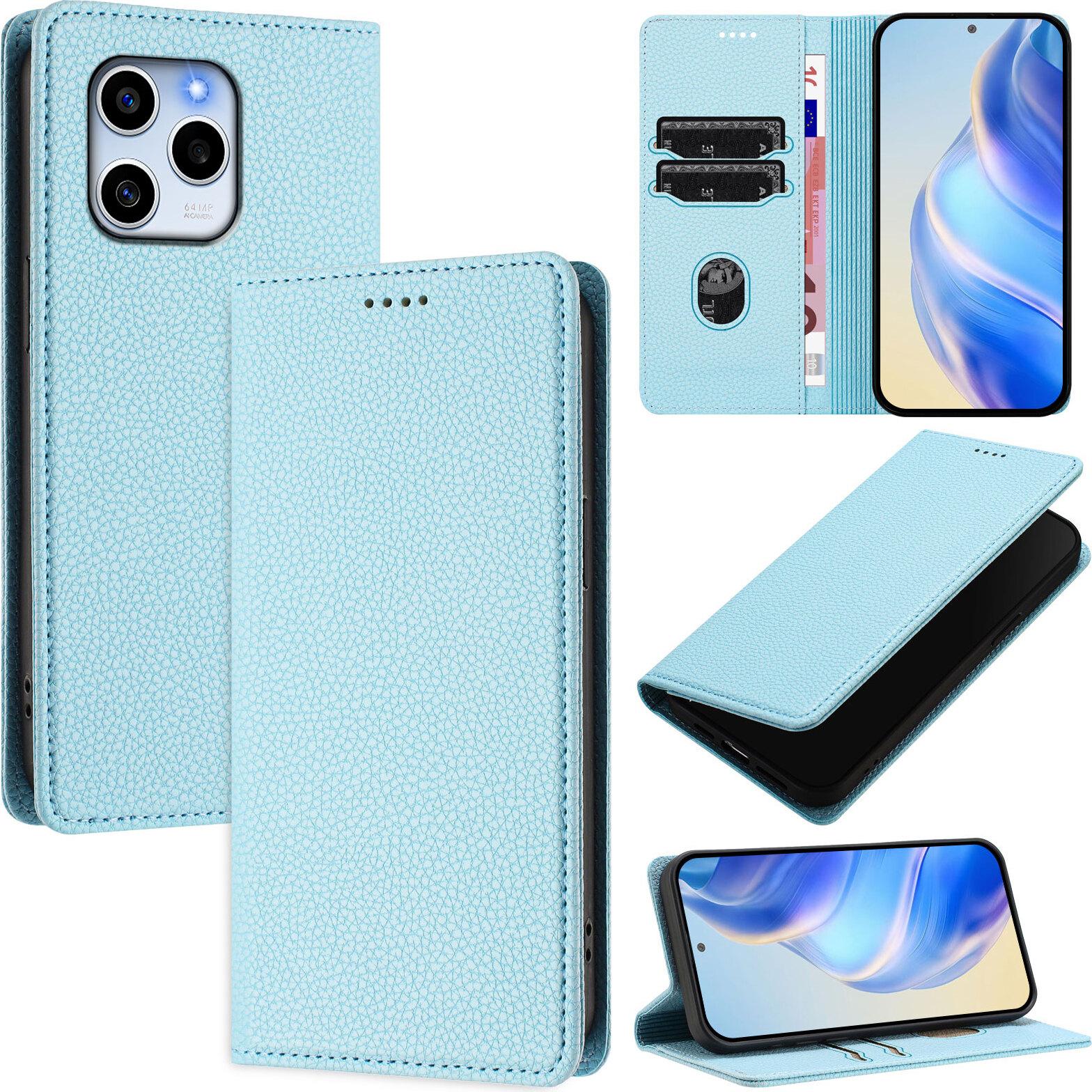 Custodia In Pelle Per Honor 60 Se, Pelle Litschi, Custodia A Portafoglio Con Slot Per Carte E Supporto Blu Chiaro