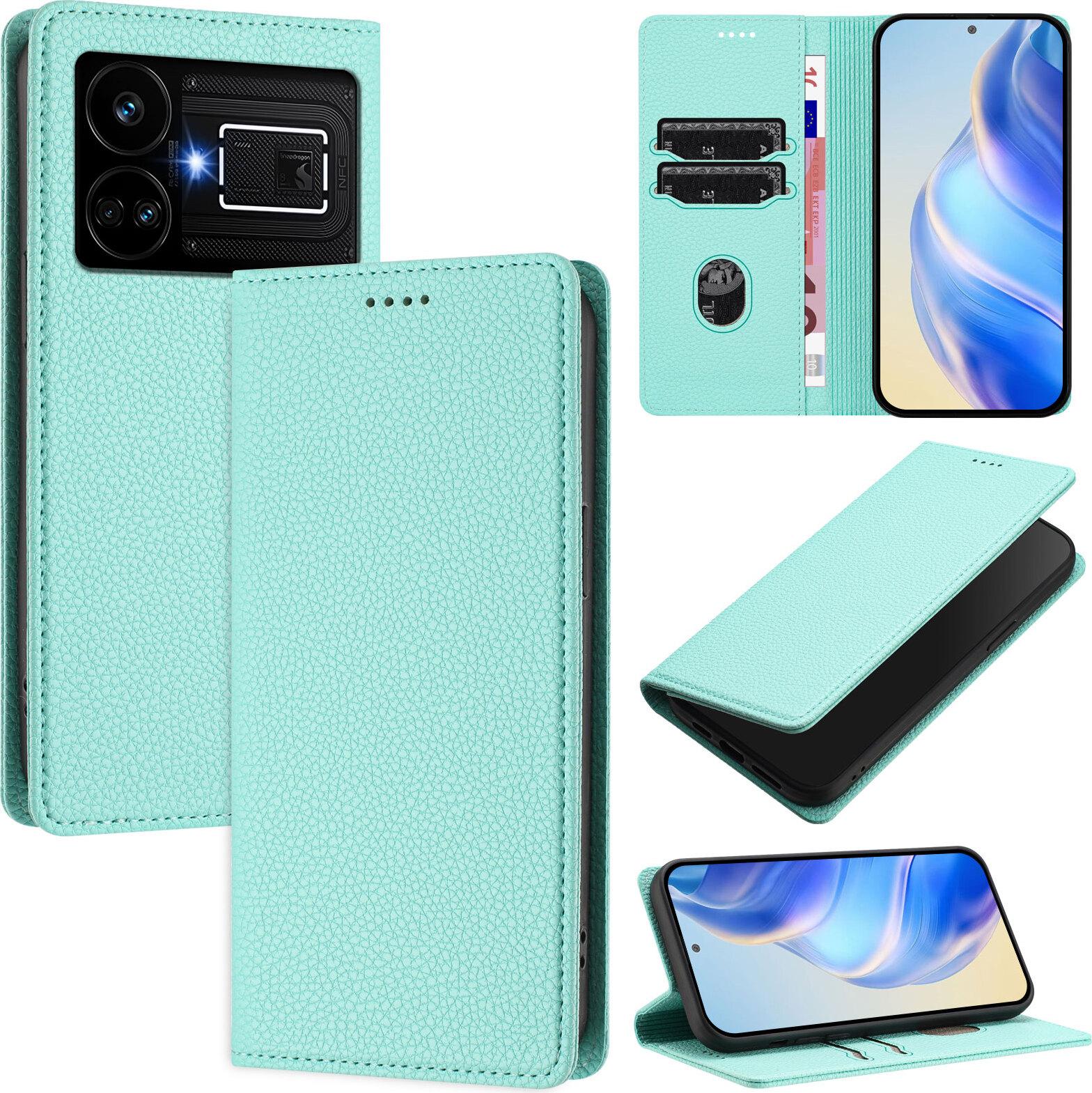 Custodia In Pelle Per Realme GT5 204W/Realme GT5, Pelle Litschi, Custodia A Portafoglio Con Slot Per Carte E Supporto Turchese