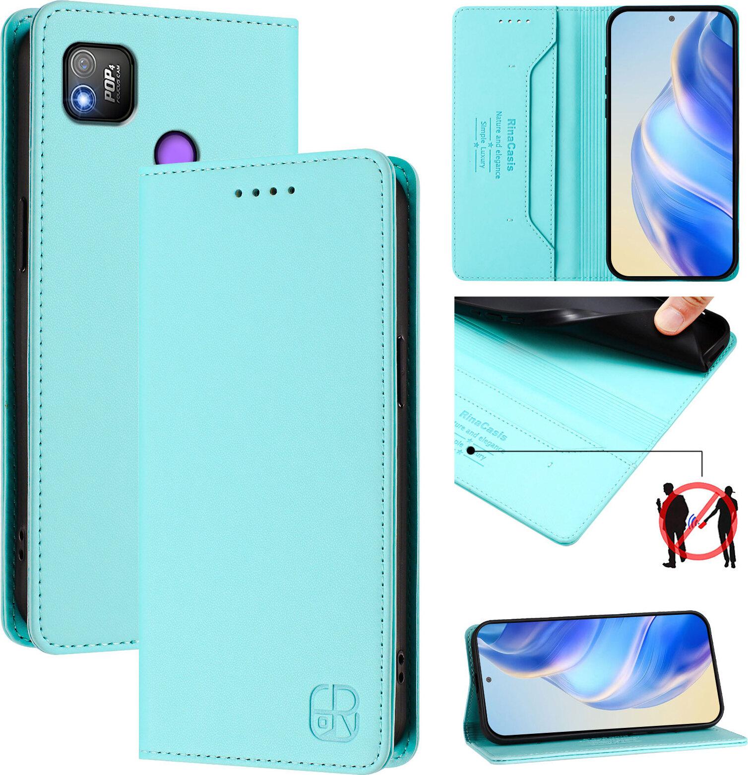 Custodia In Pelle Per Tecno Pop 4, Flip Case Con Slot Per Carte, Portafoglio E Supporto Turchese