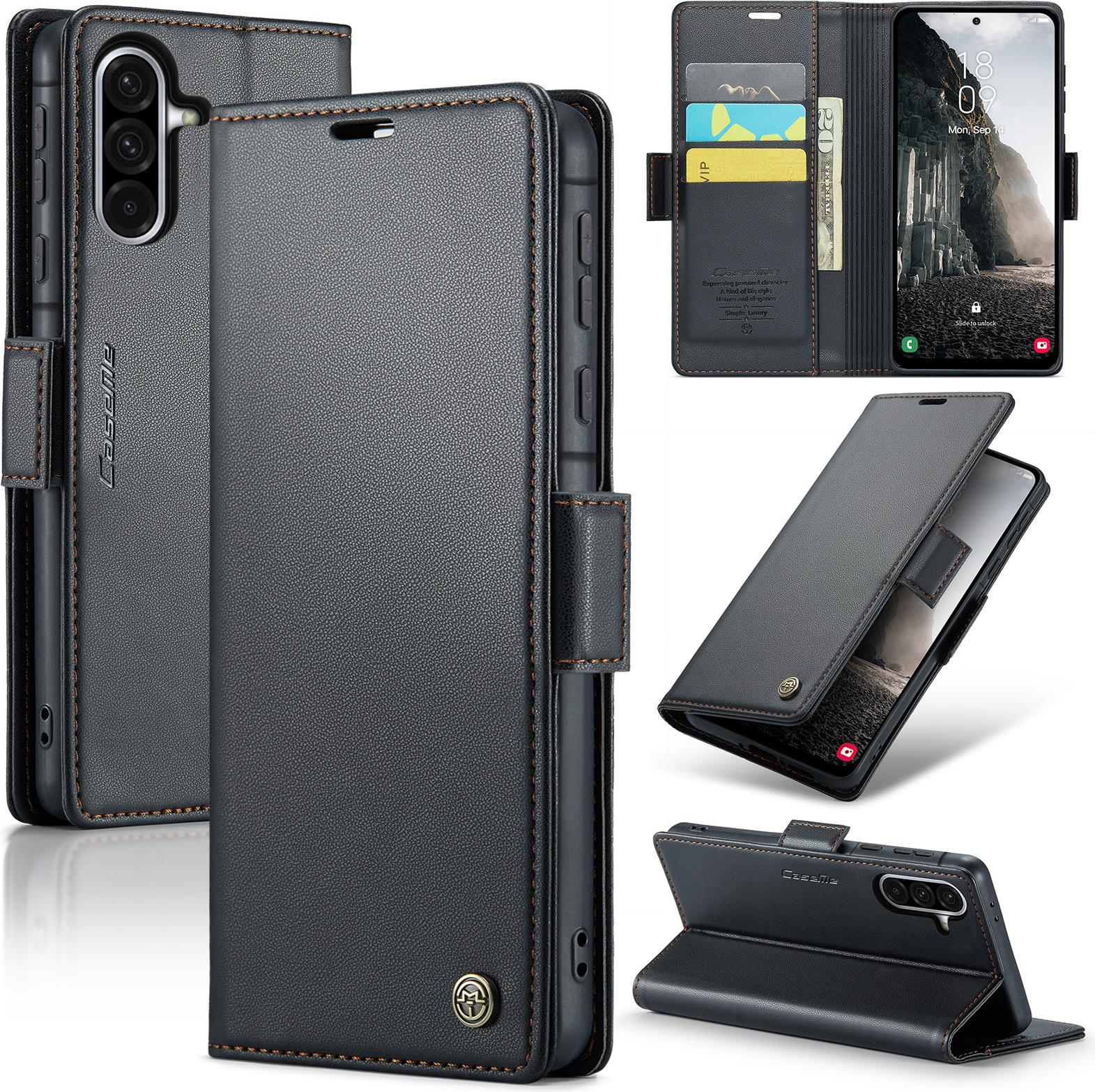 Custodia Per Samsung Galaxy A56, Carta Di Blocco Rfid, Custodia In Pelle Avanzata Con Funzione Di Supporto Nero