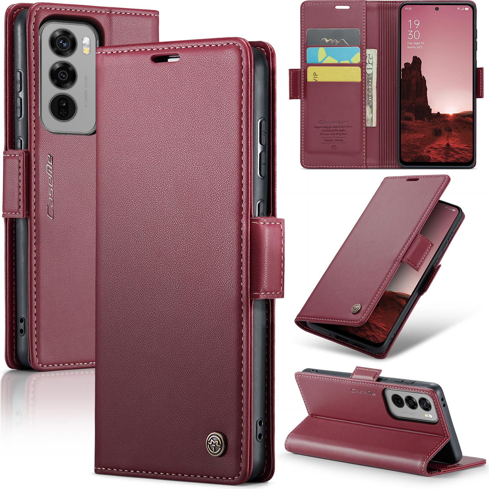 Custodia Per Oppo Reno12, Carta Di Blocco Rfid, Custodia In Pelle Avanzata Con Funzione Di Stand Rosso
