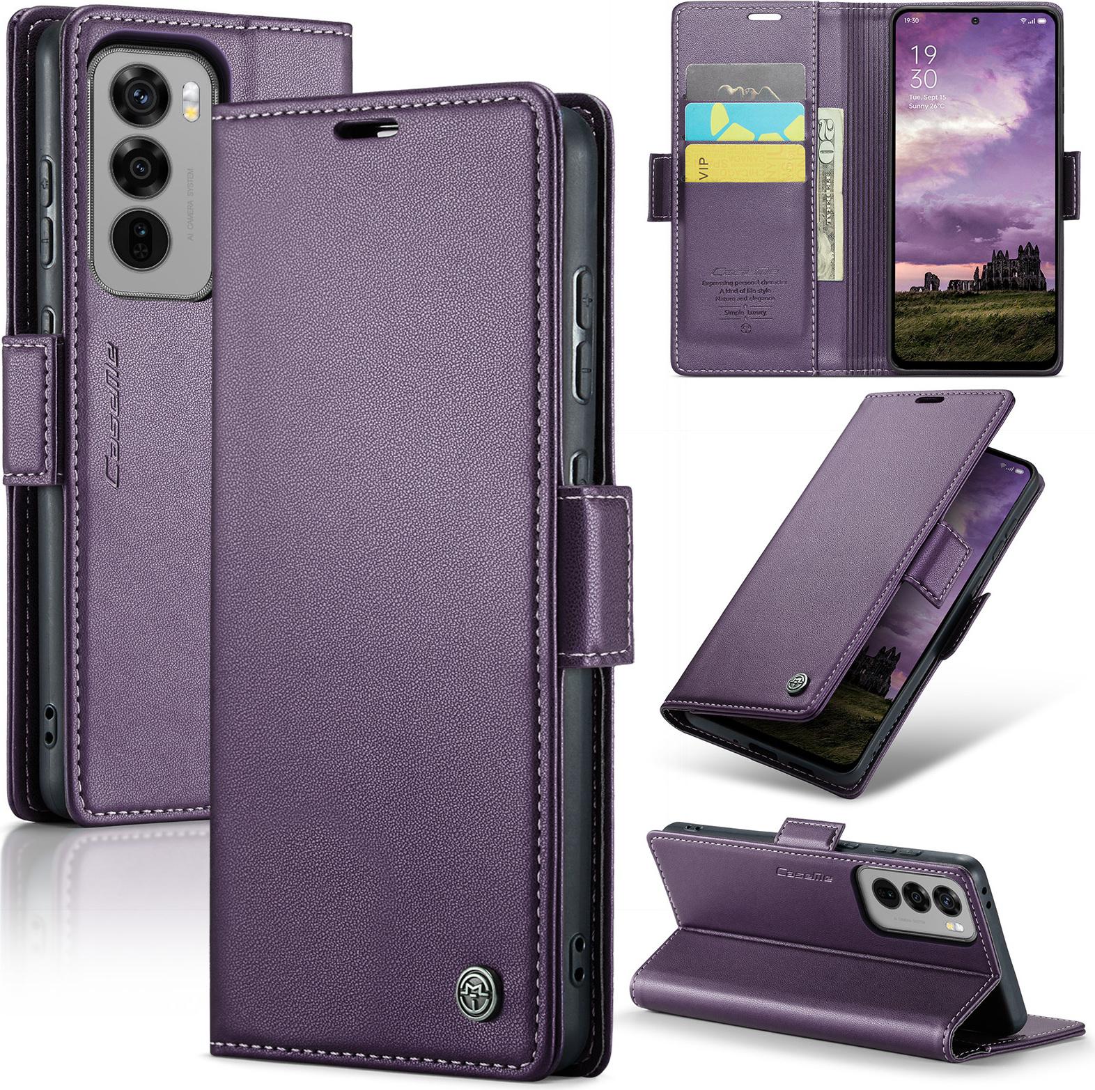 Custodia Per Oppo Reno12, Carta Di Blocco Rfid, Custodia In Pelle Avanzata Con Funzione Di Supporto Viola