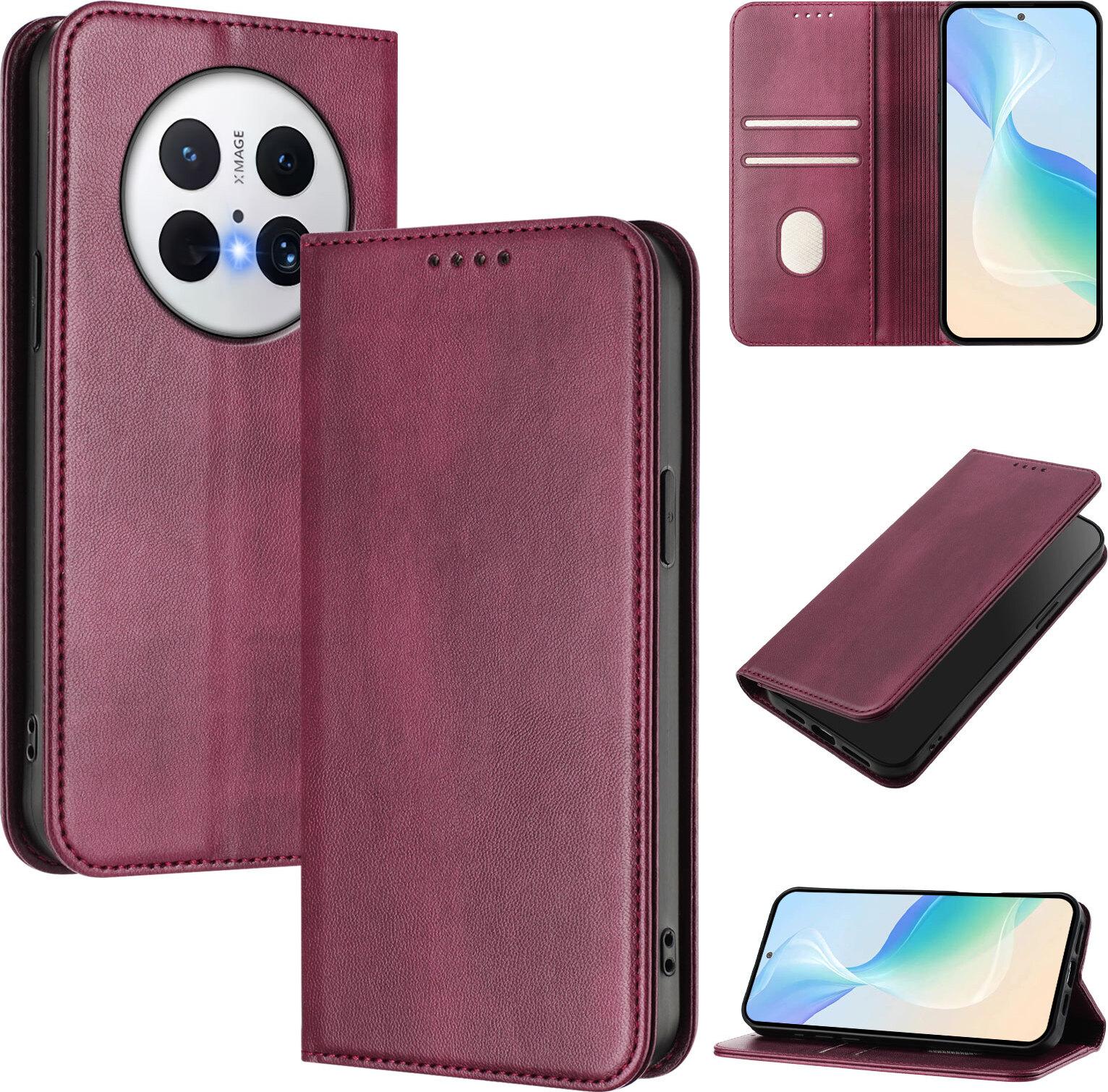 Custodia Per Huawei Mate 70 Pro, Custodia In Pelle Vintage Con Protezione Rfid, Slot Per Carte, Supporto Rosso
