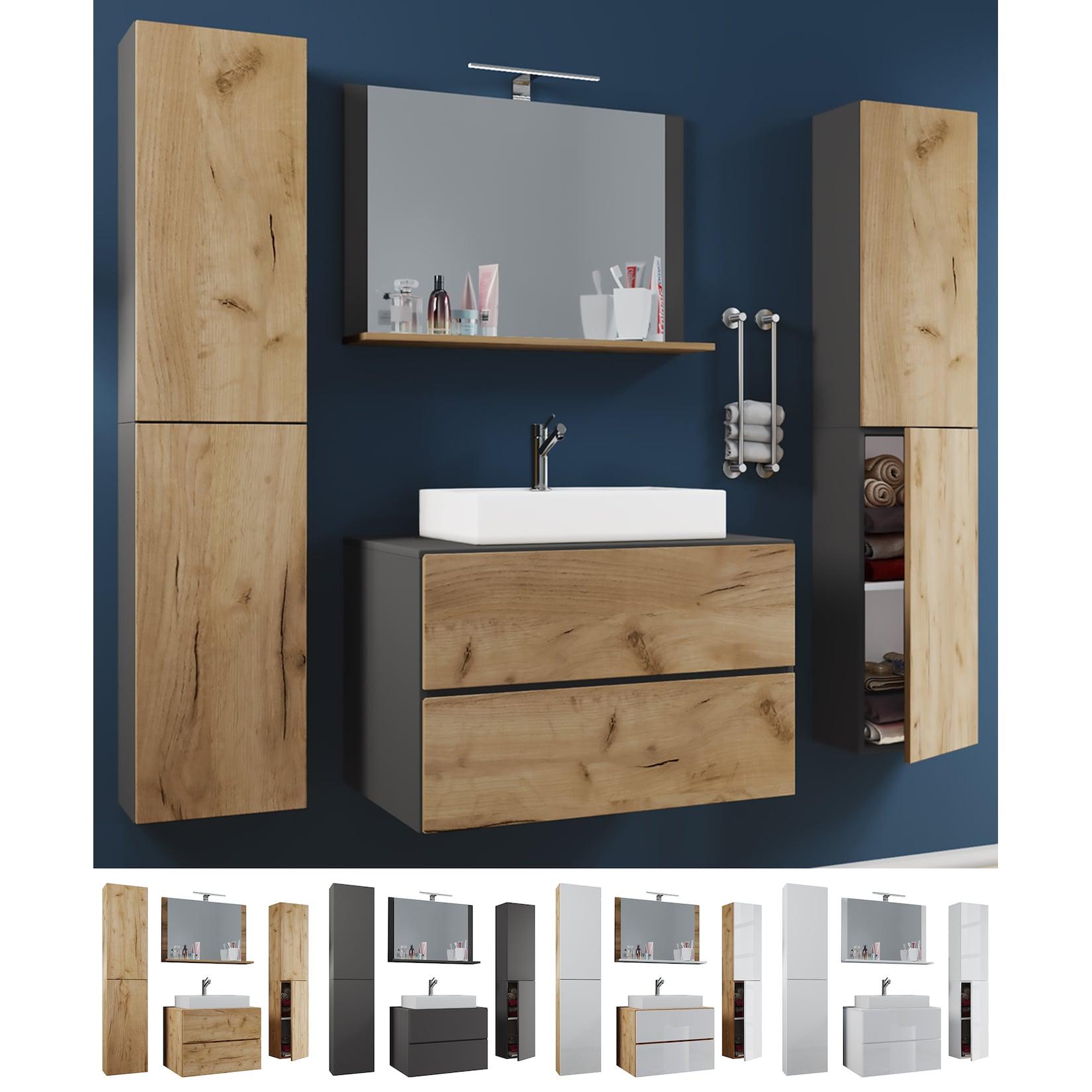 Vcm 5-Tlg. Waschplatz Waschtisch Waschbecken Unterschrank Breite 60 Cm BadmöBel Set Mit Schubladen DrehtüRen Spiegel Lendas Xl Schublade