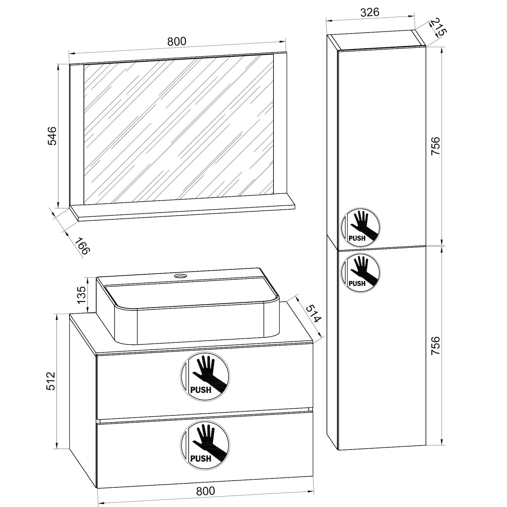 Vcm 4-Tlg. Waschplatz Waschtisch Waschbecken Unterschrank Breite 60 Cm BadmöBel Set Mit Schubladen DrehtüRen Spiegel Lendas L