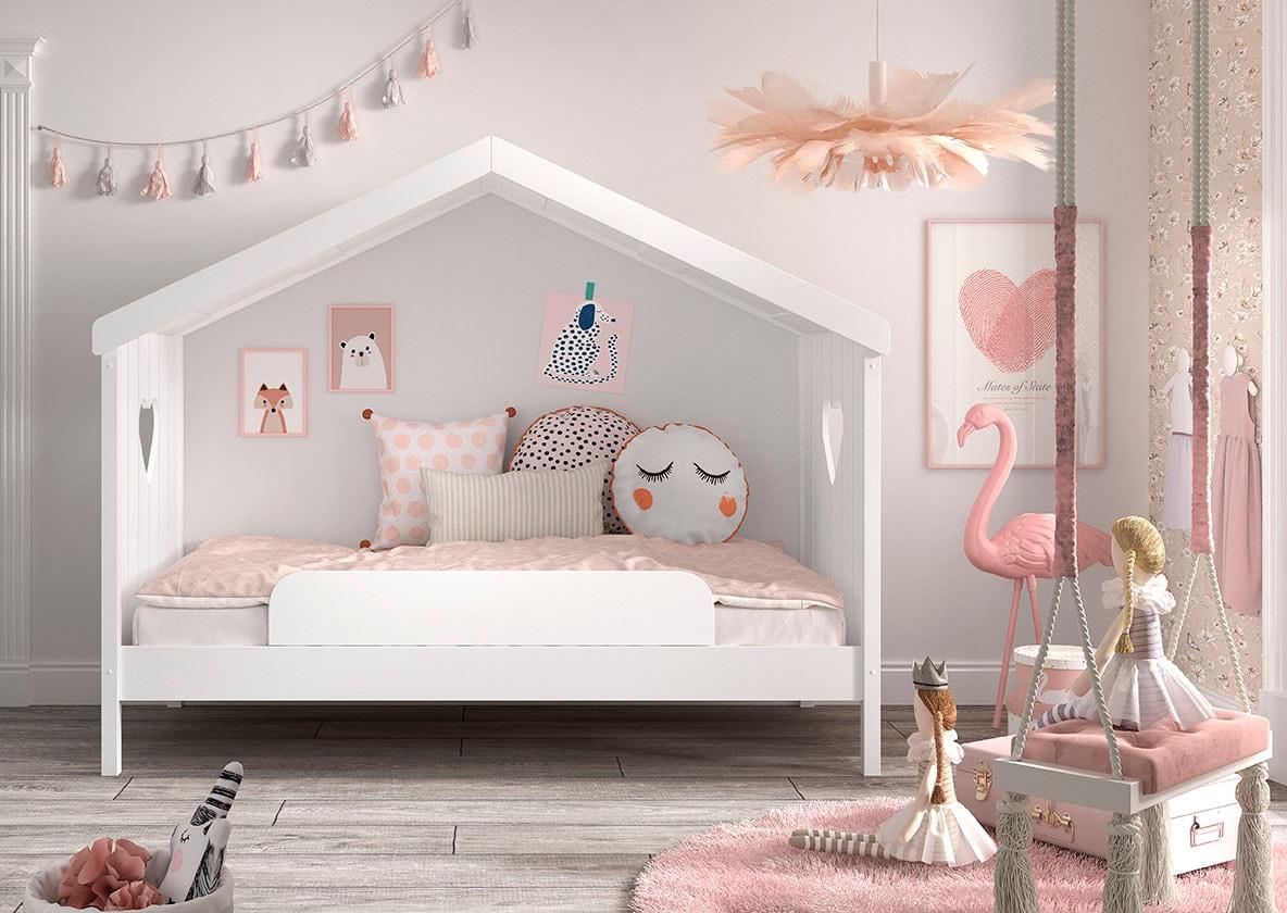 Hausbett Vipack "Amori, Inkl. Dach, RüCkseitig Offen, Mit Rolllattenrost", Weiß, B:98,7Cm H:213Cm L:209Cm, Bettgestell Massivholz;Dachaufbau Mdf, Betten, Wahlweise, Mit Oder Ohne Schublade Und Absturzschutz, Weiß Lackiert