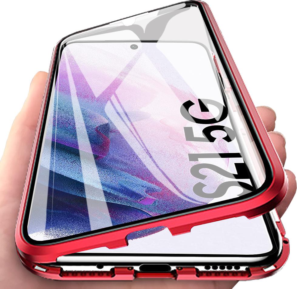 Custodia Protettiva A 360° Per Samsung Galaxy S21 Fe 5G Copertura In Vetro Temperato Con Assorbimento Magnetico, Telaio In Metallo Rosso