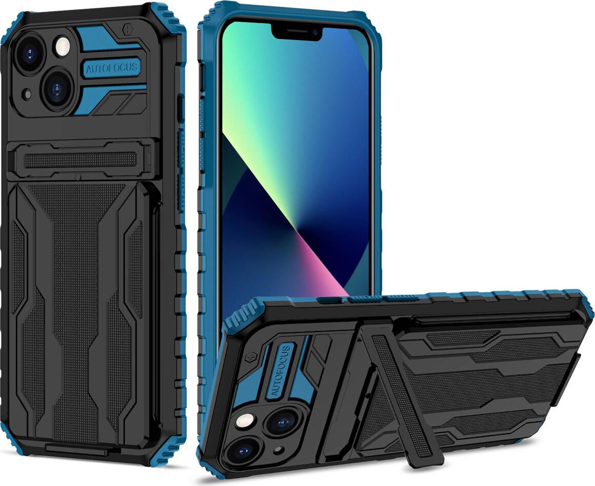 Custodia Per Iphone 14, Custodia Ibrida Di Protezione Rugged Con Portacarte E Supporto Blu