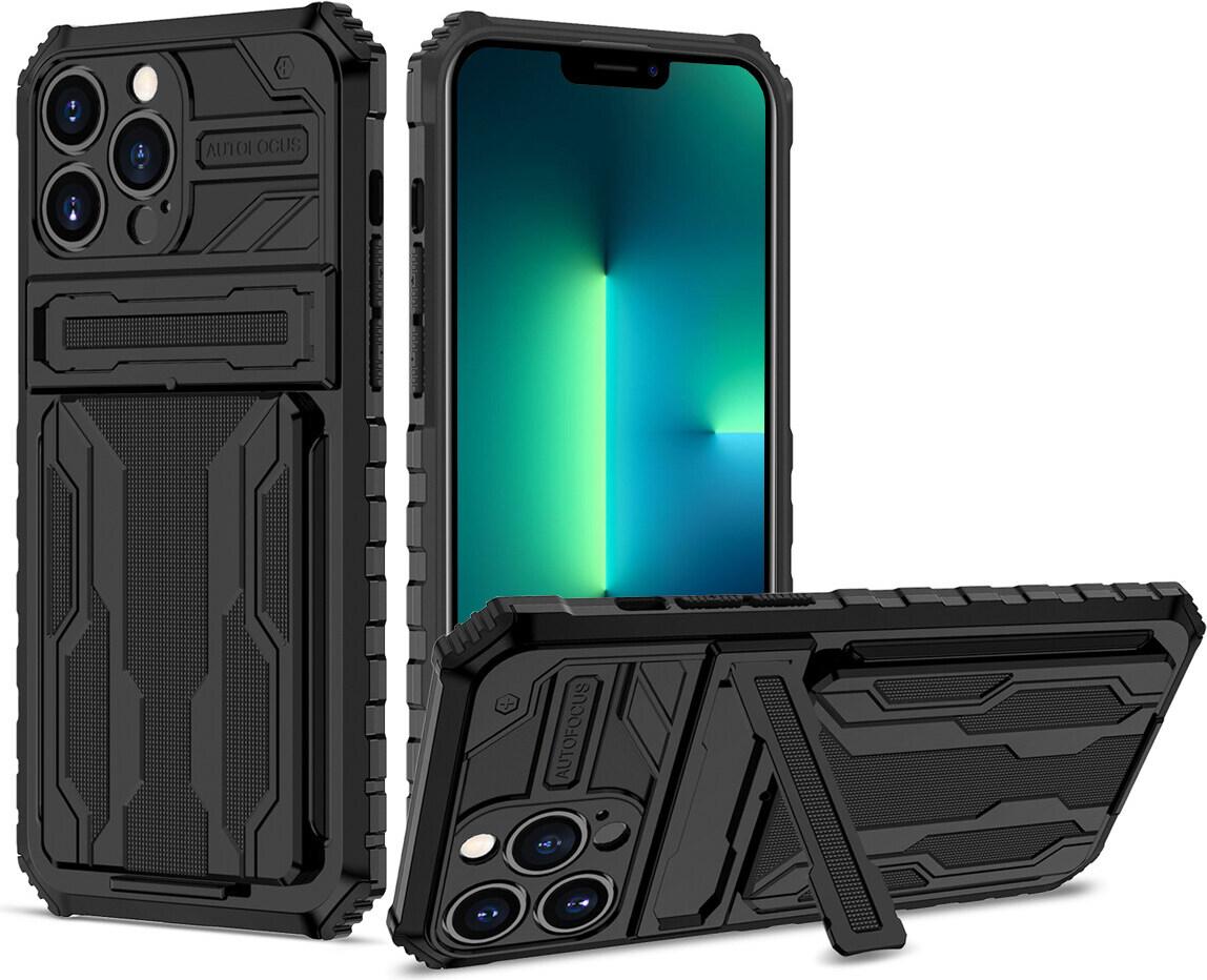 Custodia Per Iphone 14 Pro, Custodia Ibrida Di Protezione Robusta Con Portacarte E Supporto Nero