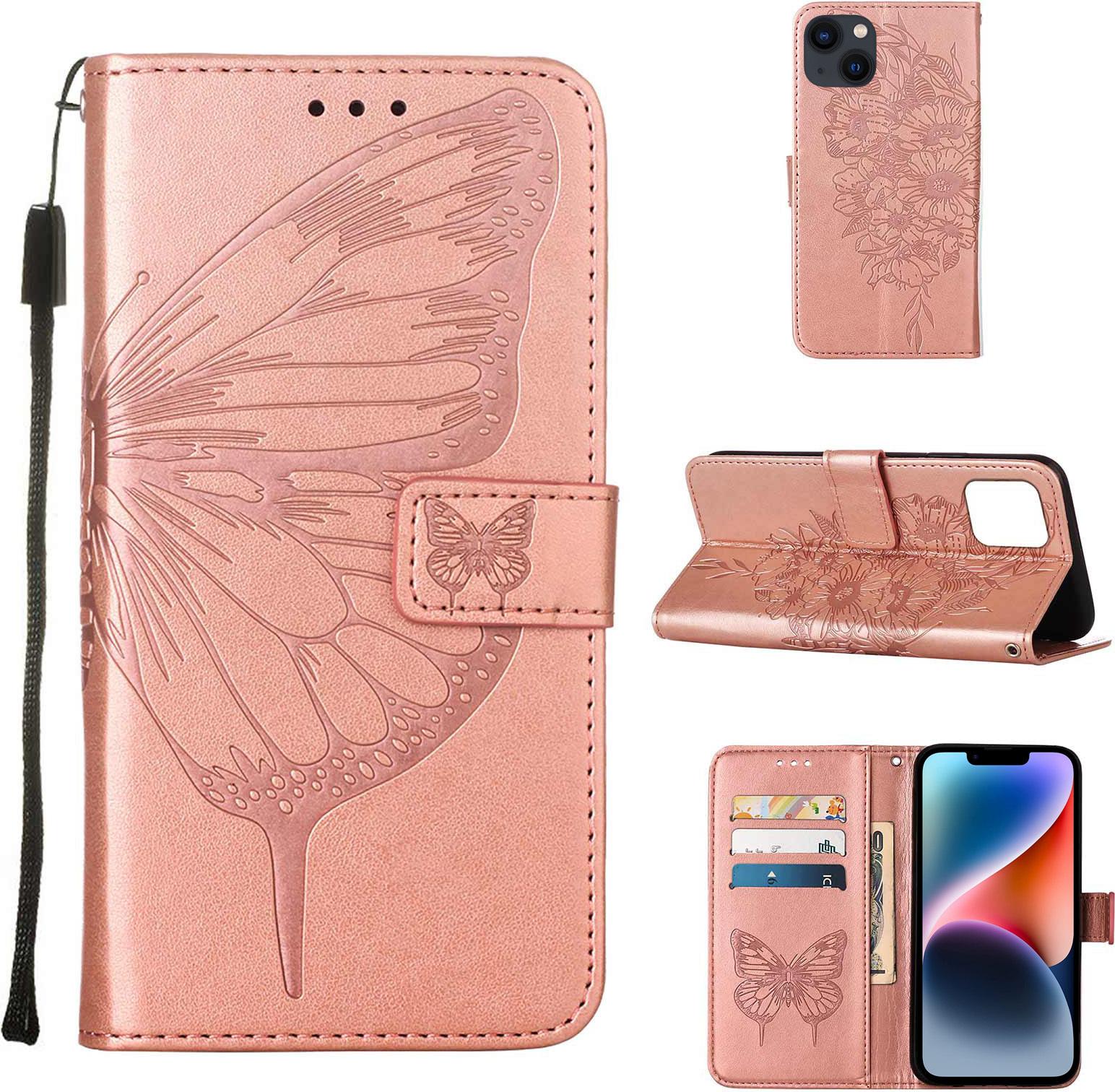 Custodia Per Iphone 14, Custodia In Pelle Flip Butterfly Relief Con Slot Per Schede E Supporto Per Iphone 14 Rose Gold