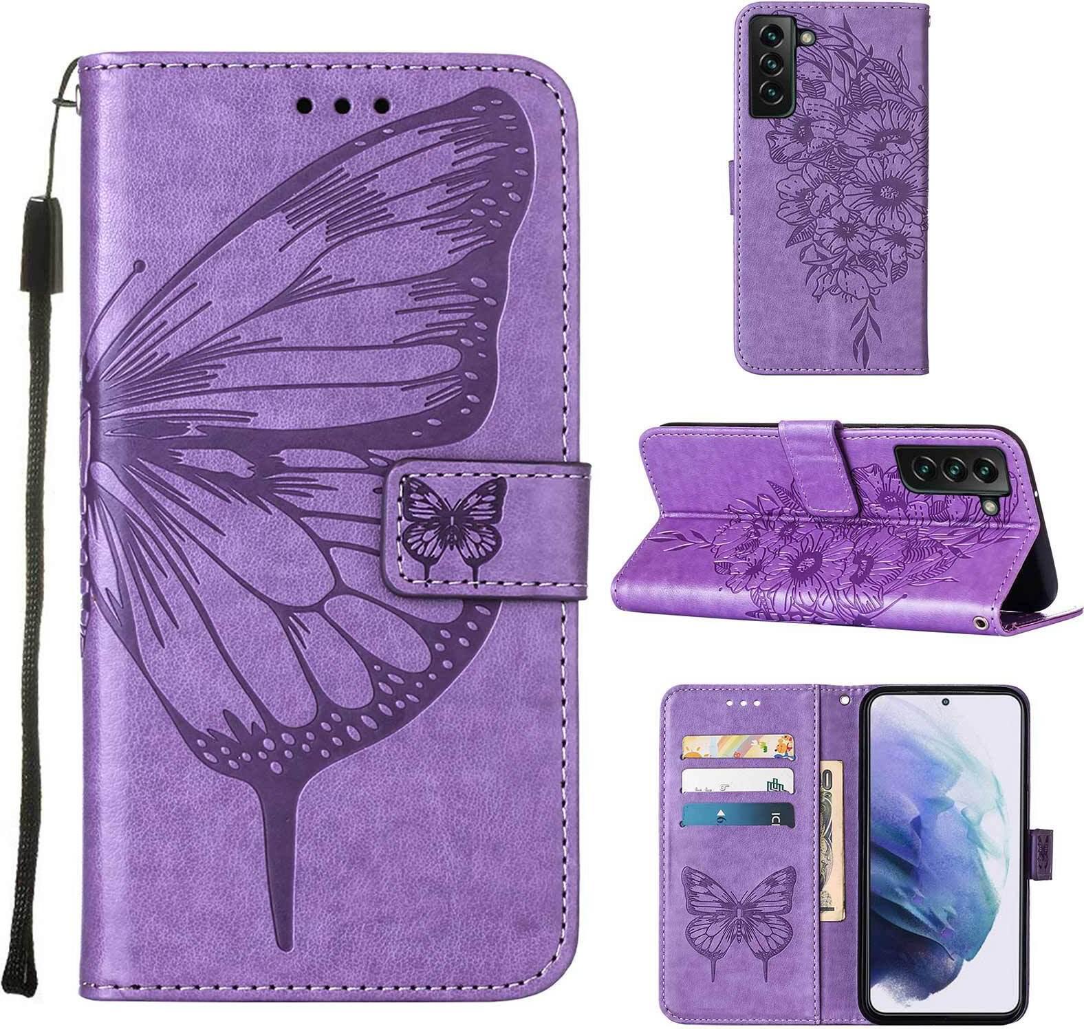 Galaxy S22 Plus Case, Butterfly Embossed Flip Leather Card Holder Case Con Stand Per Samsung Galaxy S22 Plus Purple