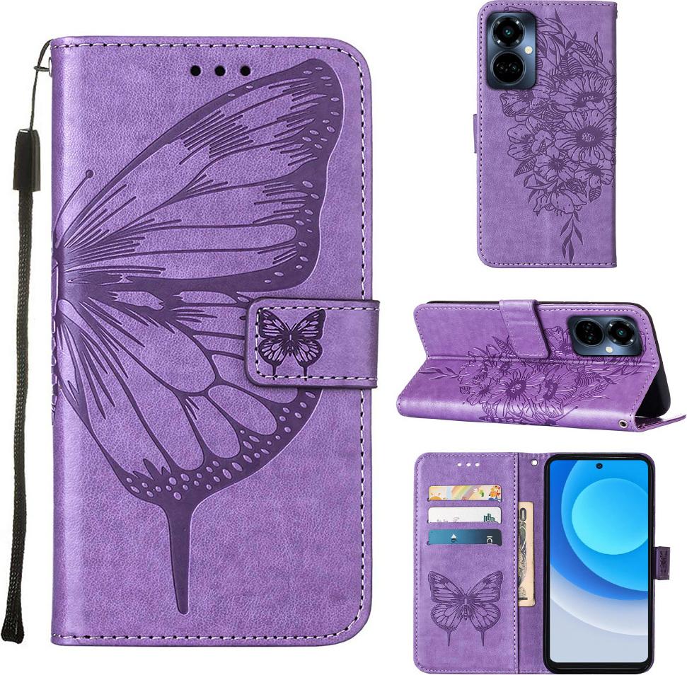 Tecno Camon 19 Pro 5G Case, Butterfly Relief Flip Custodia In Pelle Con Tasche Per Carte E Stand Per Tecno Camon 19 Pro 5G Viola
