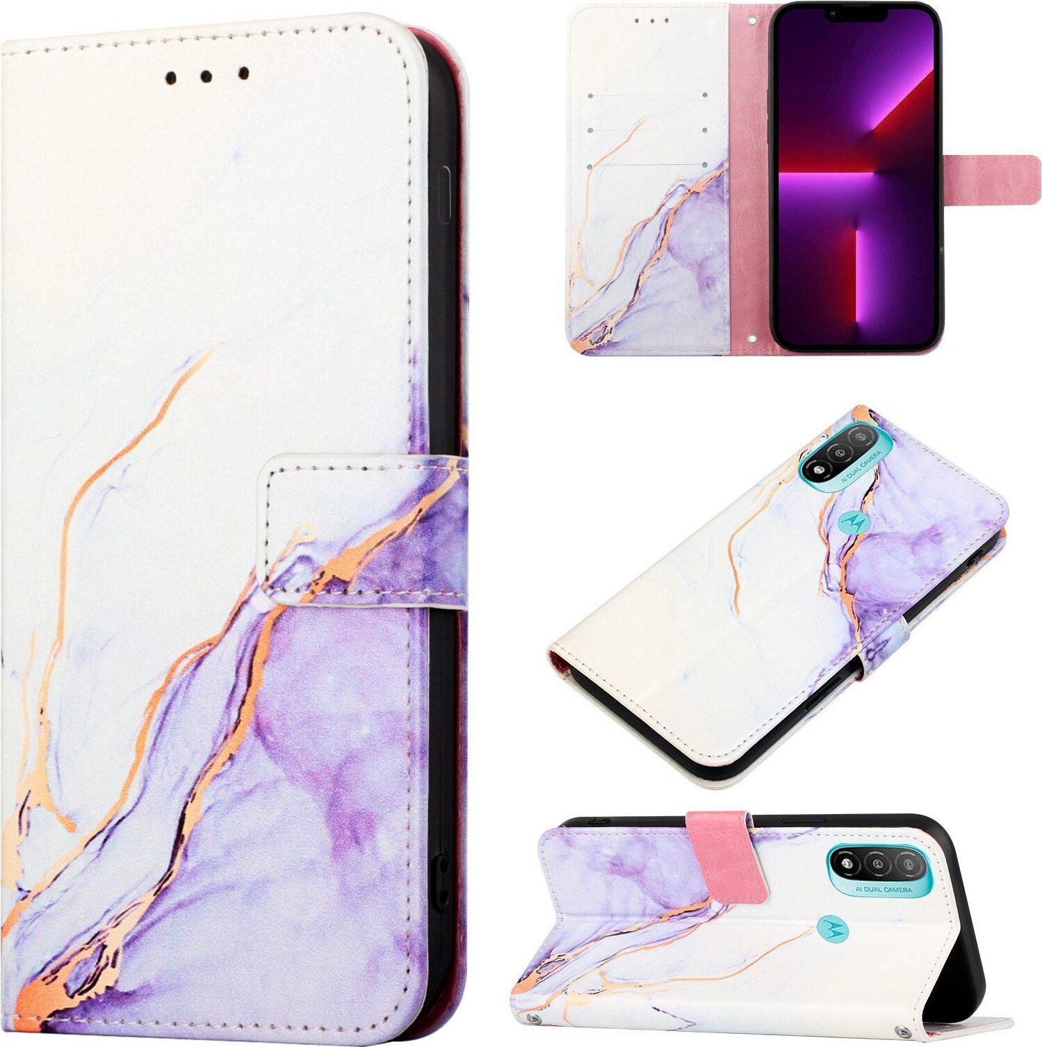 Custodia Moto E20, Custodia In Finto Cuoio Con Motivo A Marmi, Tasche Per Carte, Custodia Stand Per Motorola Moto E20 / E30 / E40 Bianco Viola