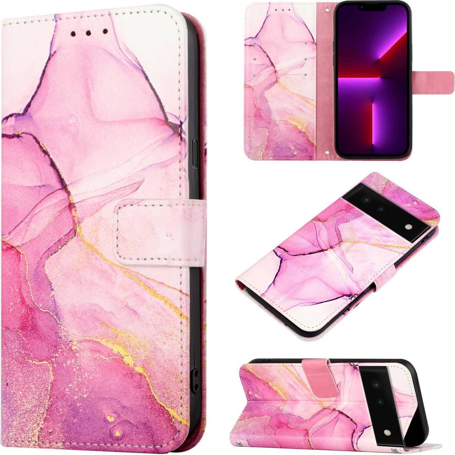 Custodia Per Google Pixel 6, Custodia In Finto Cuoio Con Motivo A Marmi, Slot Per Carte Di Credito Con Funzione Di Stand Flip Cover Per Google Pixel 6 Rosa
