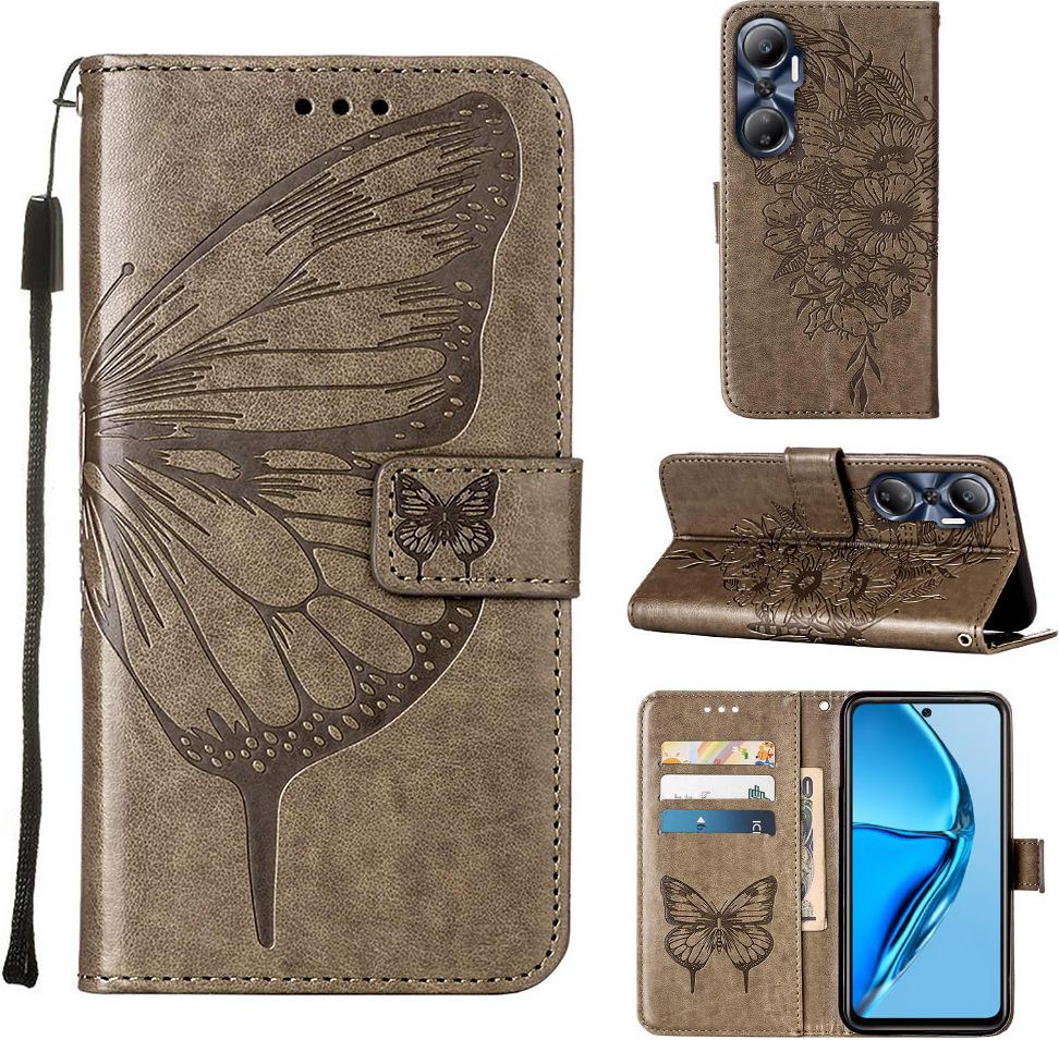 Infinix Hot 20 4G Case, Farfalla In Rilievo Flip Pelle Card Holder Custodia Protettiva In Pelle Con Supporto Per Infinix Hot 20 4G Grigio