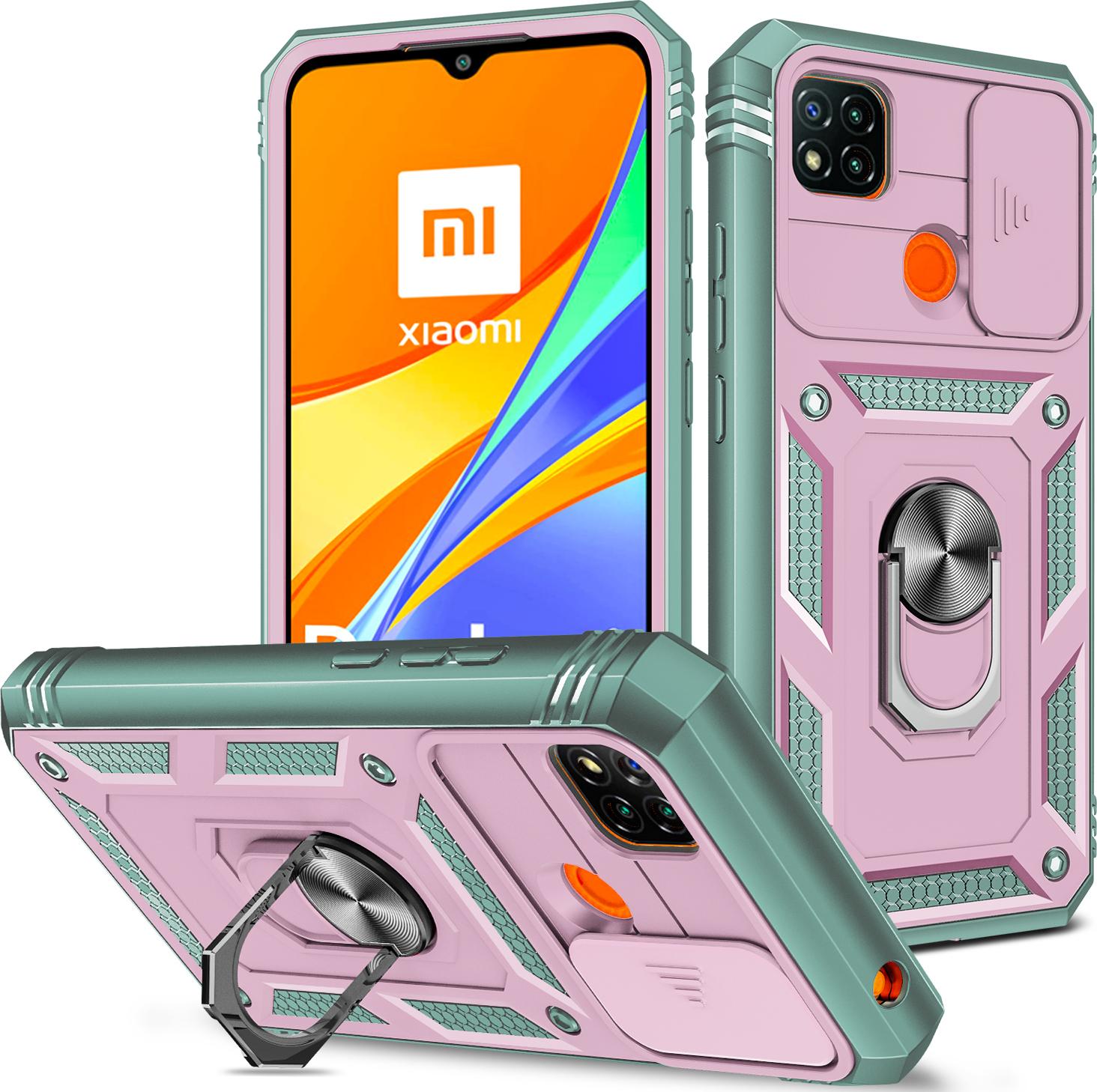 Custodia Per Xiaomi Redmi 9C Protezione Fotocamera Scorrevole, Robusta Antiurto, Con Supporto Ad Anello, Supporto E Porta Carte Verde Rosa