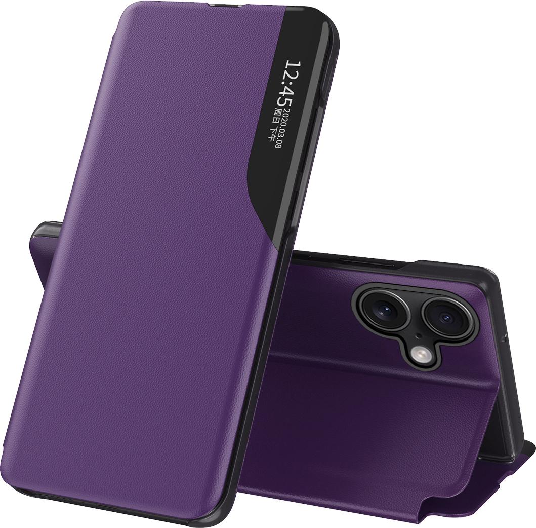 Custodia Flip Per Iphone 16, Custodia In Finto Cuoio Con Finestra E Funzione Stand Viola