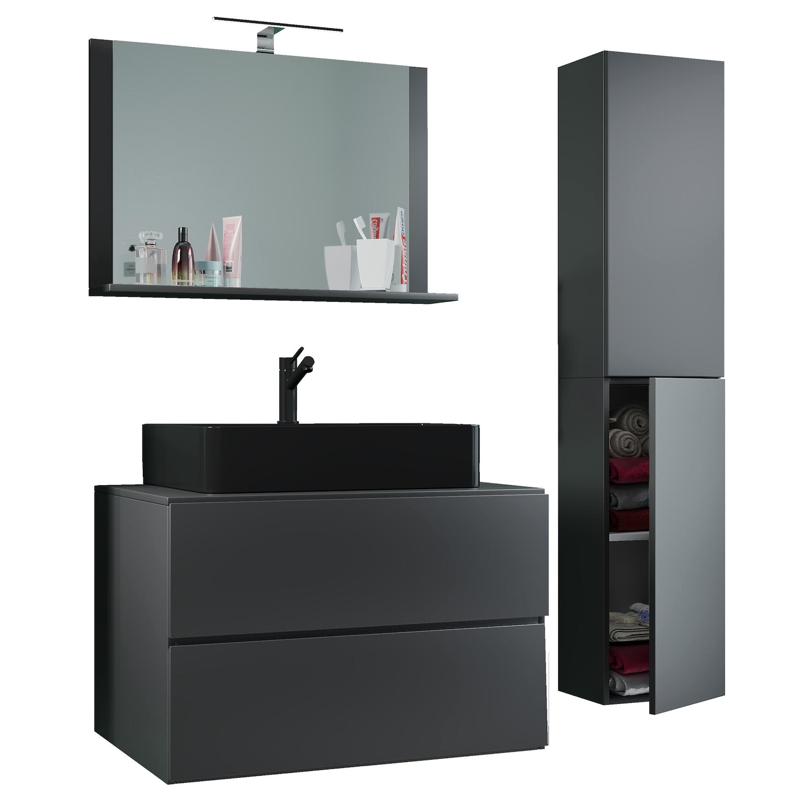 Vcm 4-Tlg. Waschplatz Waschtisch Waschbecken Unterschrank Breite 80 Cm BadmöBel Set Mit Schubladen DrehtüRen Spiegel Lendas L