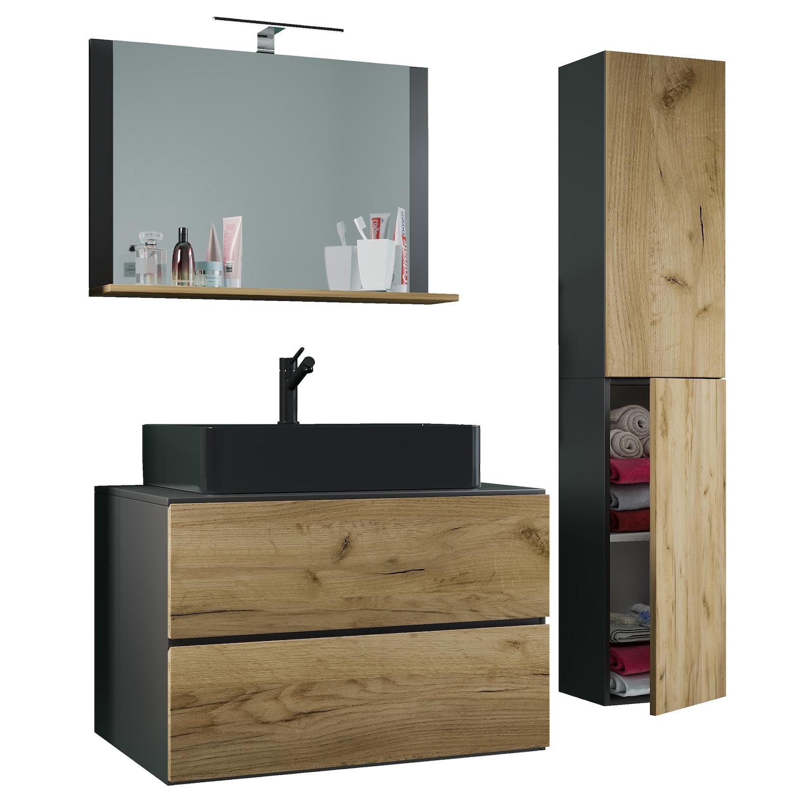 Vcm 4-Tlg. Waschplatz Waschtisch Waschbecken Unterschrank Breite 80 Cm BadmöBel Set Mit Schubladen DrehtüRen Spiegel Lendas L