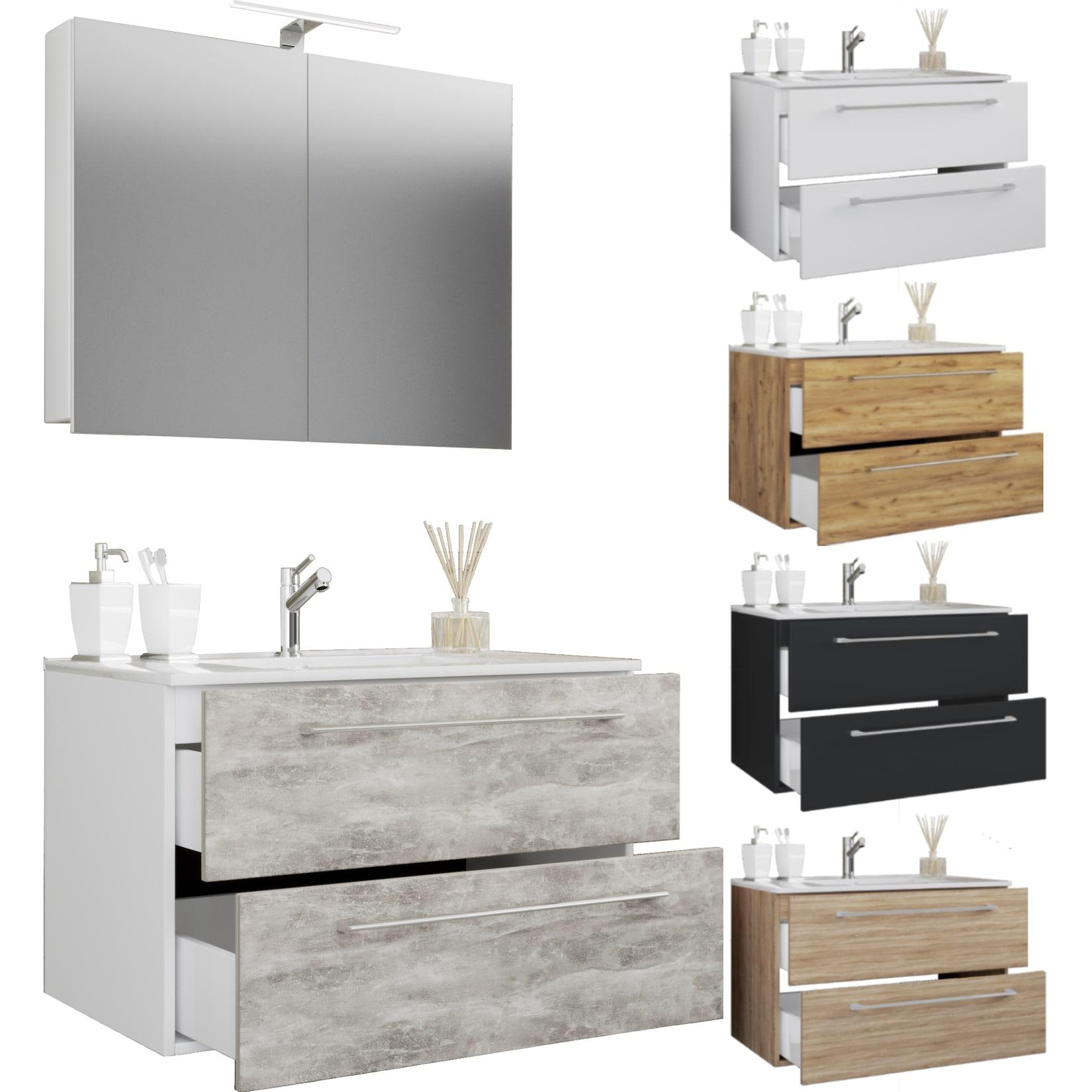 Vcm 3-Tlg. Waschplatz Waschtisch Waschbecken Unterschrank Breite 80 Cm BadmöBel Set Mit Schubladen DrehtüRen Spiegelschrank Badinos