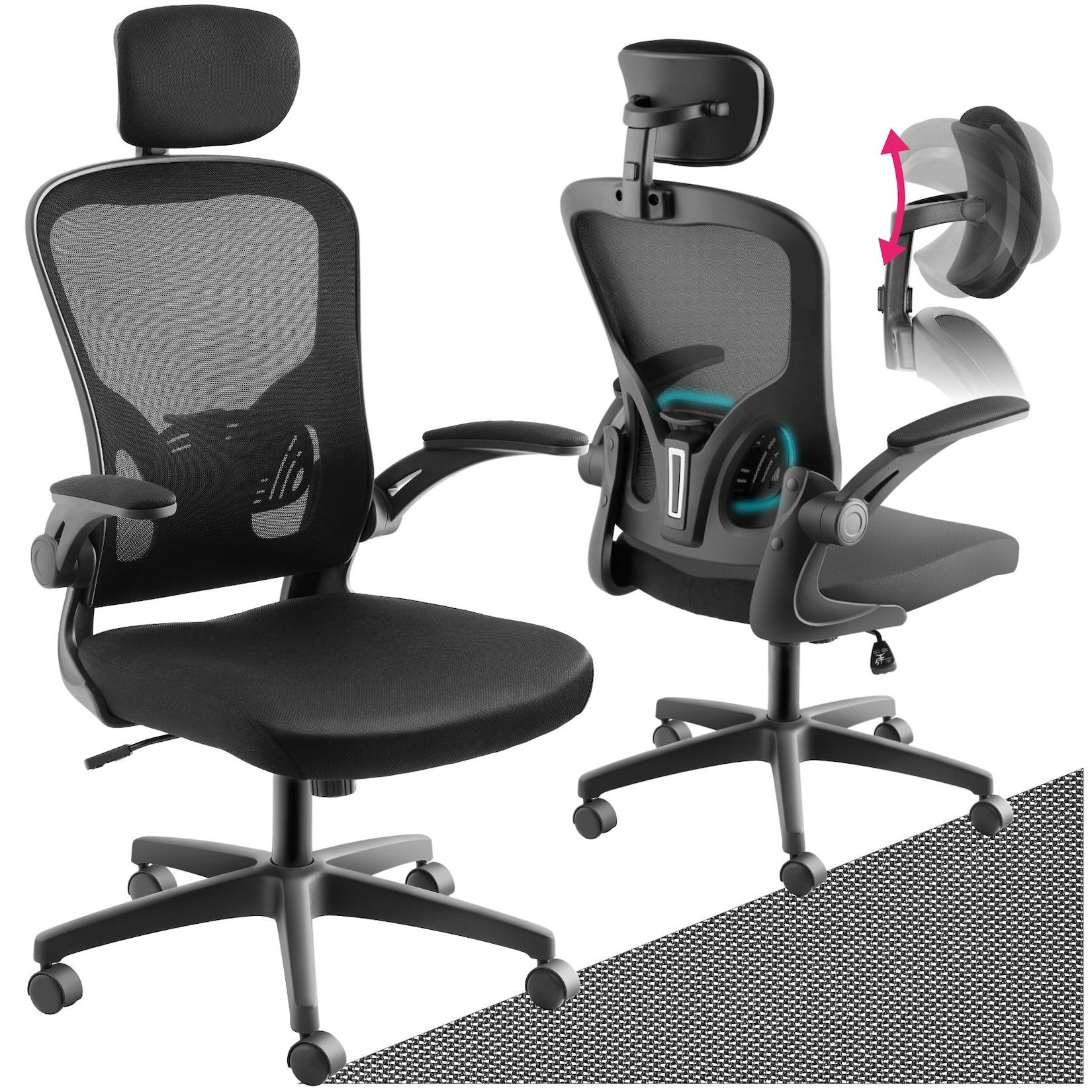 tectake® Bürostuhl, ergonomische Form mit verstellbarer Lordosenstütze und verstellbarer Kopfstütze, mit Netzstoffbezug, klappbare Armlehnen und Wippfunktion, stufenlos höhenverstellbar