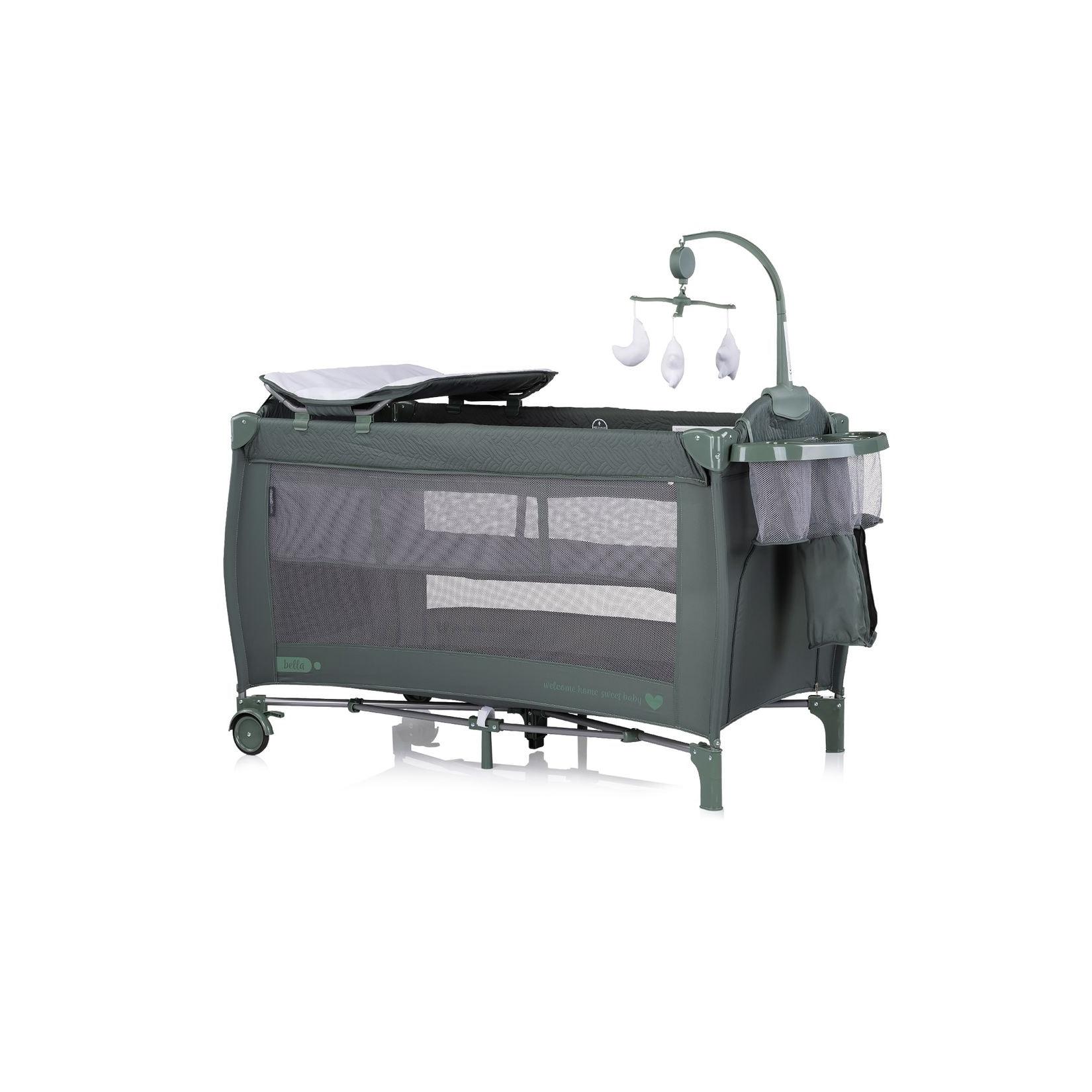 Chipolino Reisebett Bella 2 Ebenen seitlicher Eingang Musikmobile Wickelauflage grün gemustert