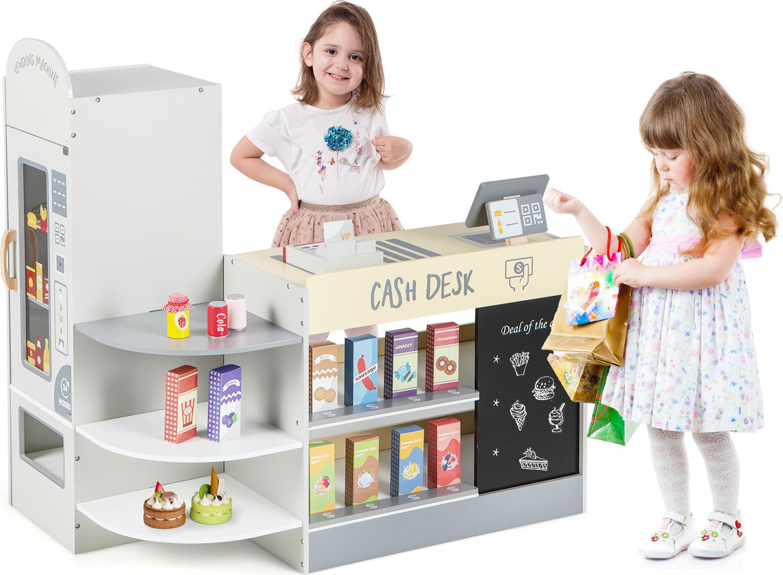 Negozio Per Bambini Costway, Set Per Supermercato Con Registratore Di Cassa, Macchina Pos, Negozio In Legno, Per Bambini Da 3 A 8 Anni (Grigio)