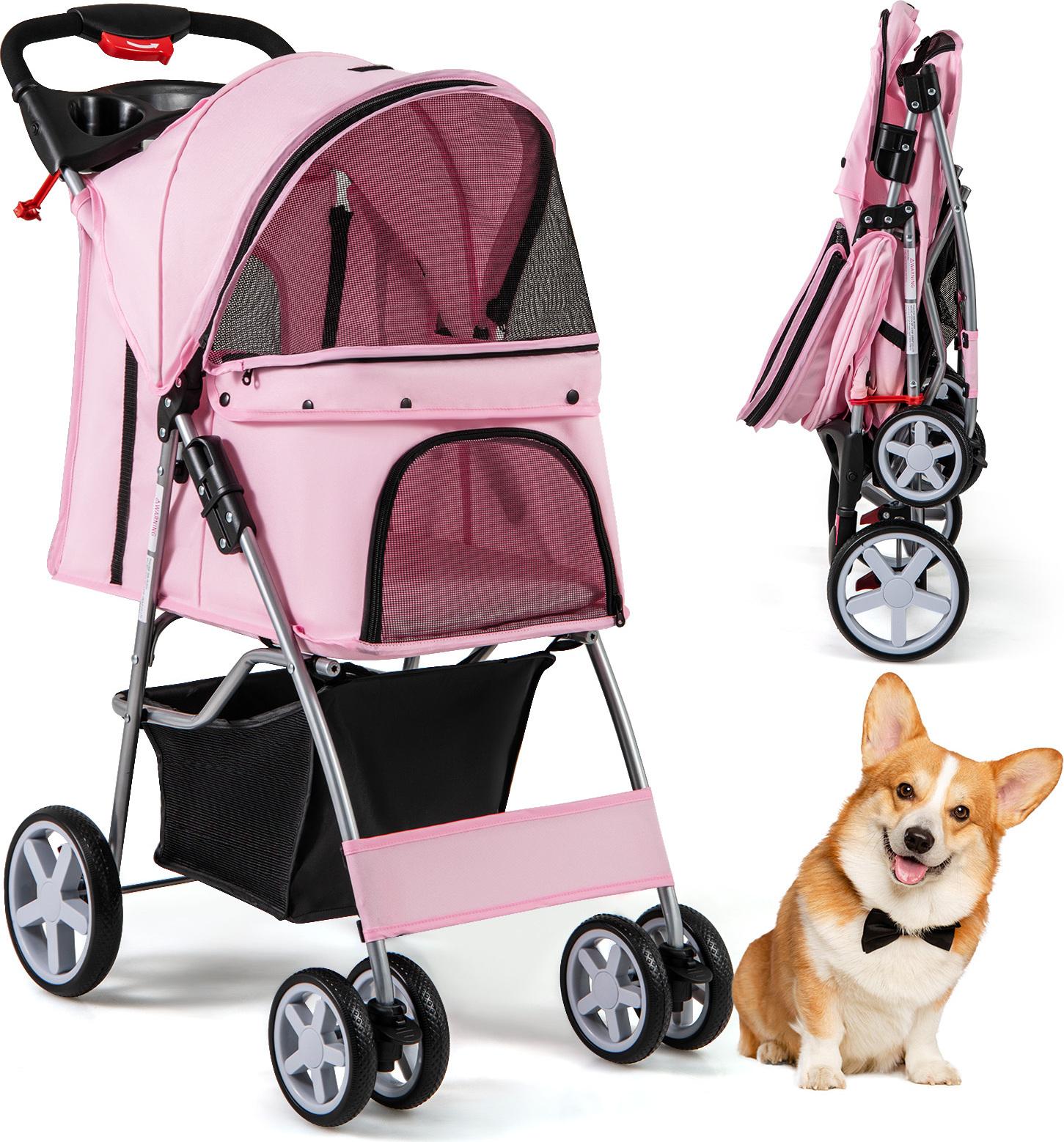 Costway Passeggino Per Cani E Animali Domestici Fino A 15 Kg, Passeggino Per Cani Con Finestre A Rete E Portabicchieri E Rimorchio, Passeggino Per Cani Piccoli E Gatti Rosa