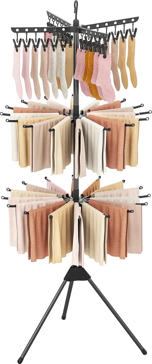 Costway Stendino Pieghevole A 3 Livelli, Stendino A Treppiede Di 178 Cm Con Bracci Rotanti A 360°, 24 Clip E 32 Aste, Asciugamani, Nero