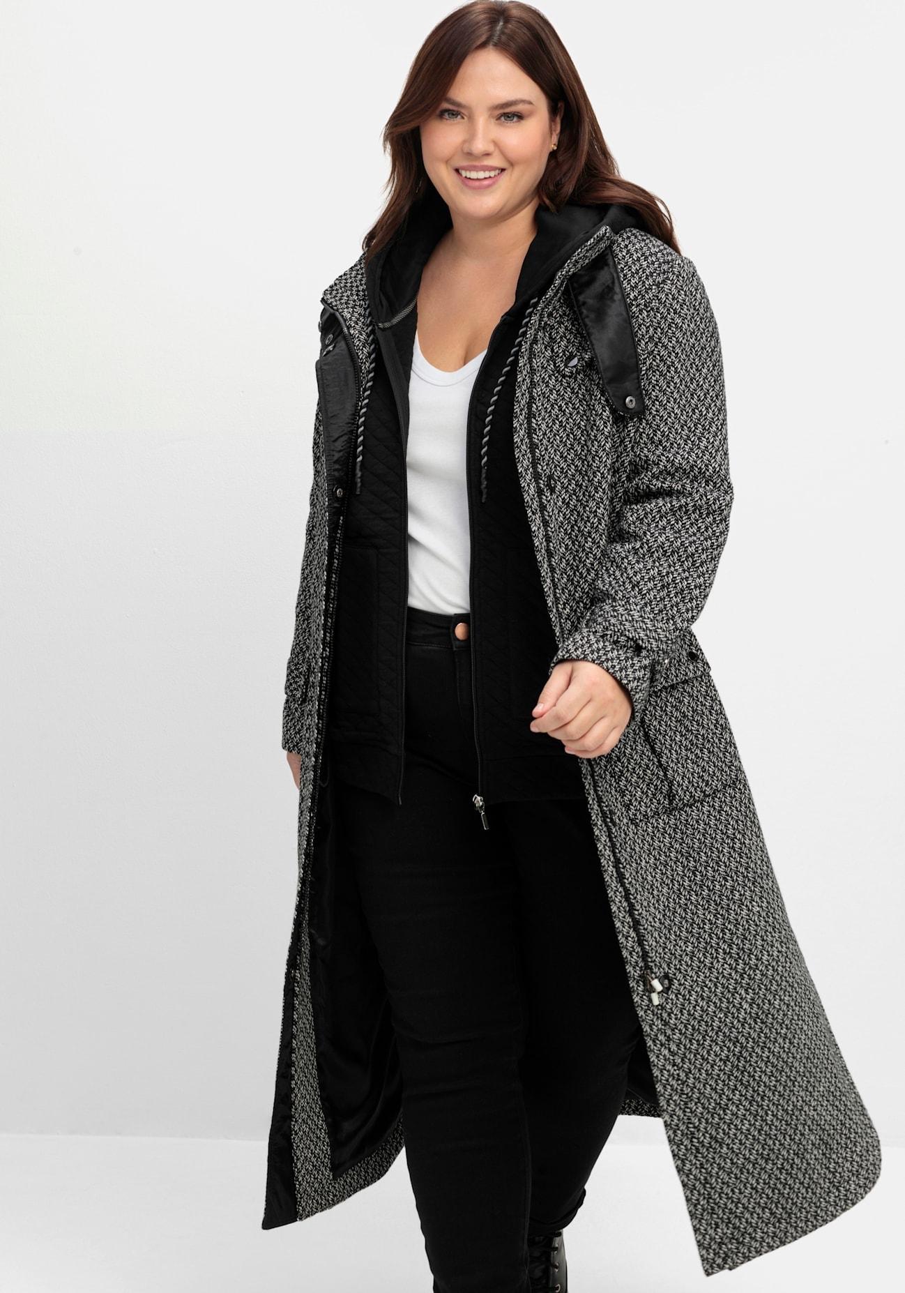Trenchcoat Sheego, Damen, Gr. 48, Schwarz-Weiß (Schwarz, Weiß), 70% Polyester, 30% Wolle, Gemustert, MäNtel