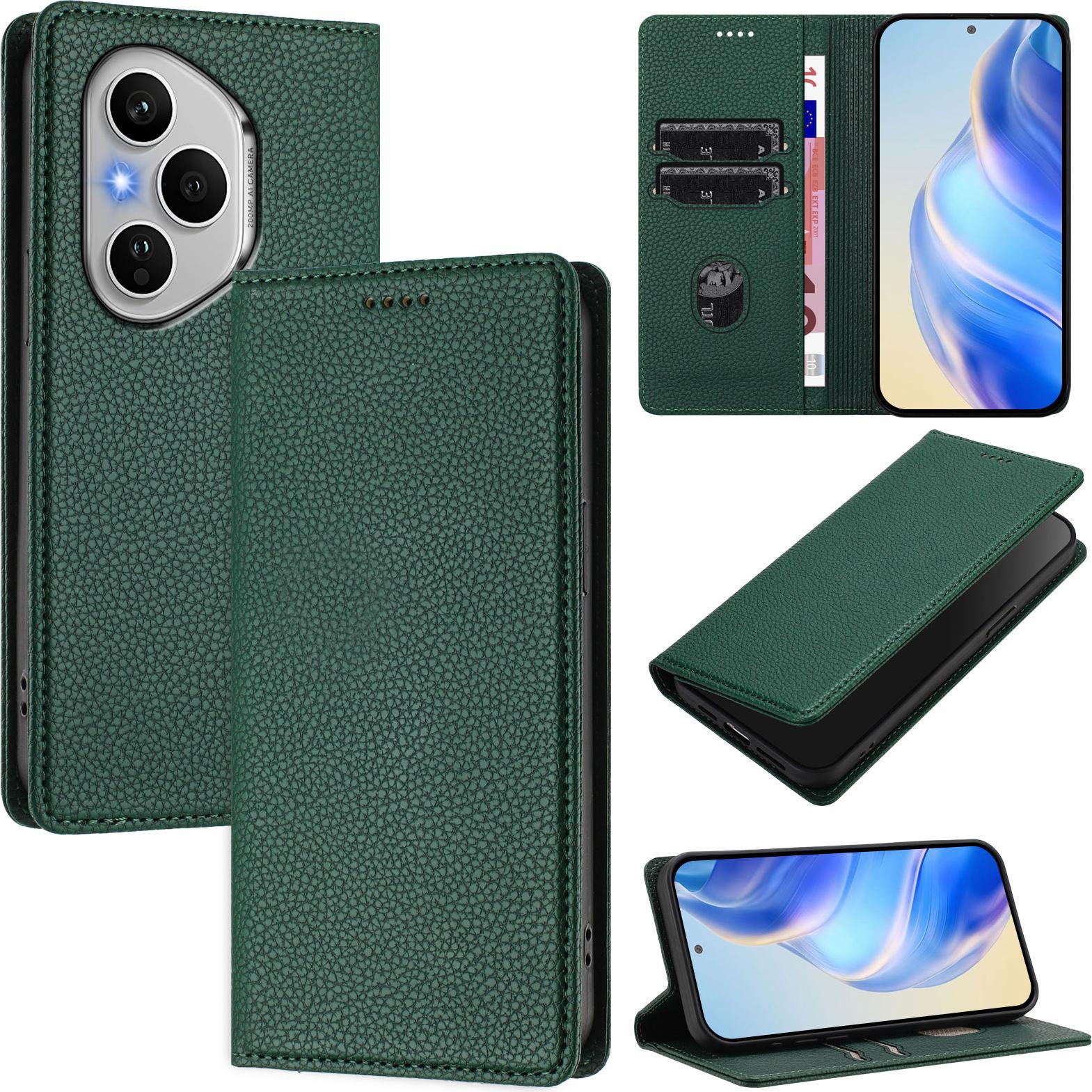 Custodia In Pelle Per Honor 400, Pelle Litschi, Custodia A Portafoglio Con Slot Per Carte E Supporto Verde
