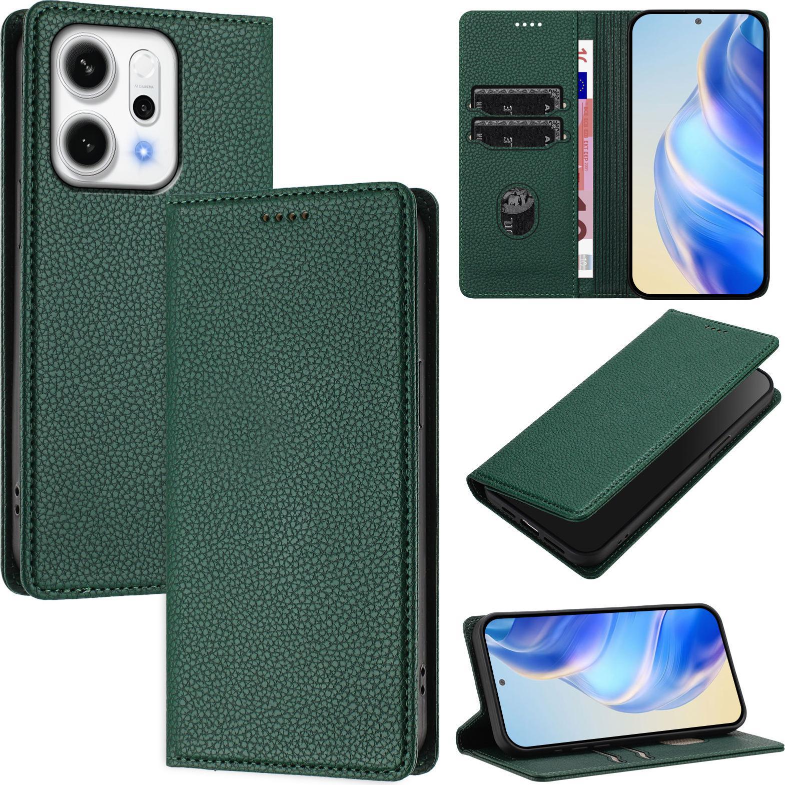 Custodia In Pelle Per Oppo Reno14, Pelle Litschi, Custodia A Portafoglio Con Slot Per Carte E Supporto Verde