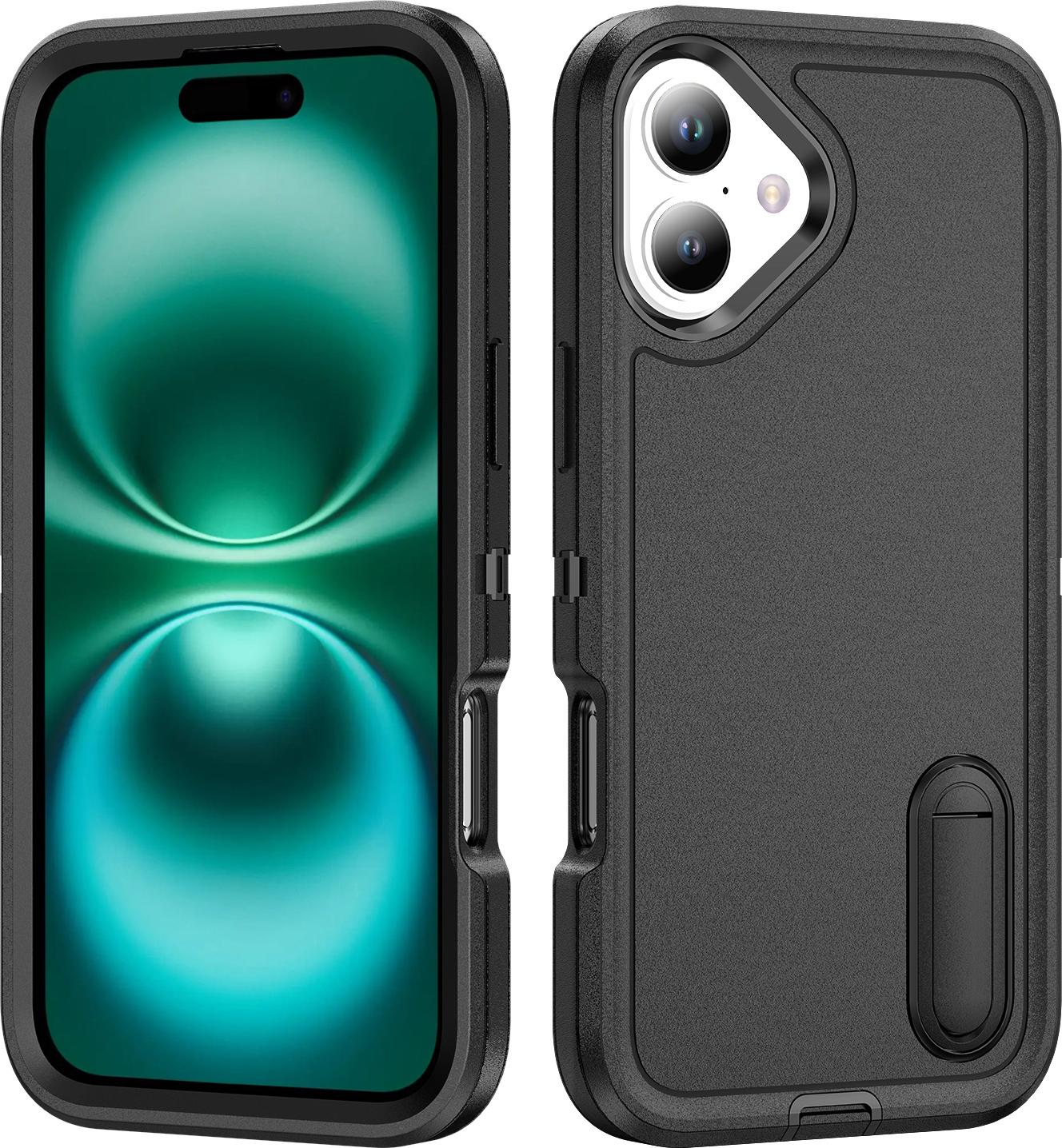 Custodia Per Iphone 16 Custodia Protettiva Antiurto Ibrida A Tre Strati Con Supporto Nero