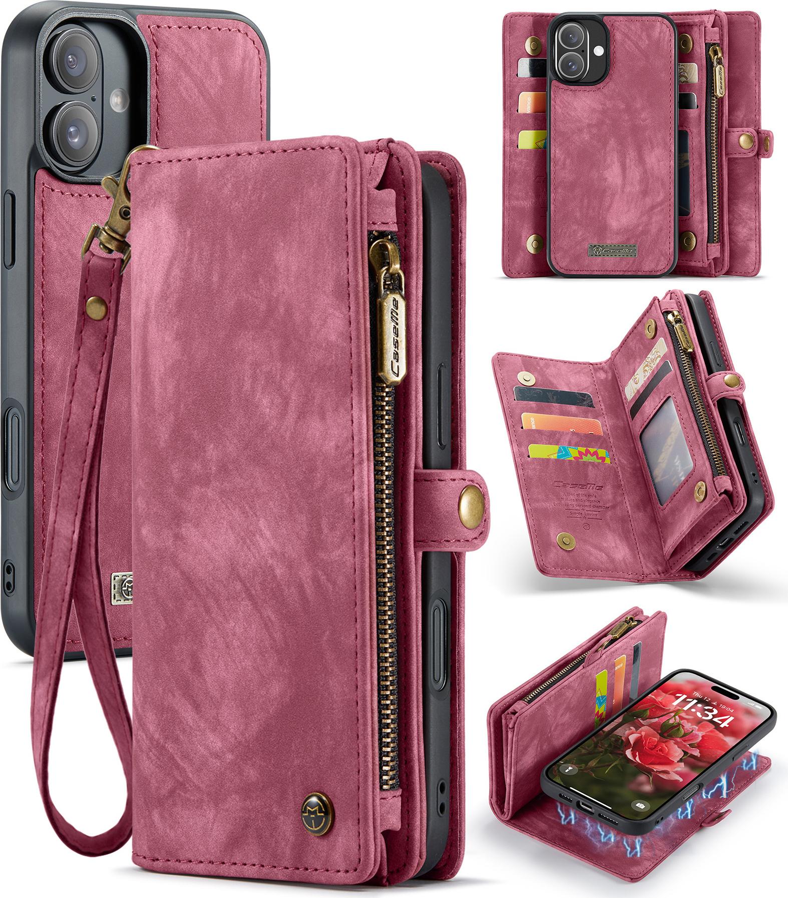 Custodia Per Iphone 16 Plus, Custodia In Pelle Vintage Multifunzionale Con Slot Per Carte E Cerniera Rossa
