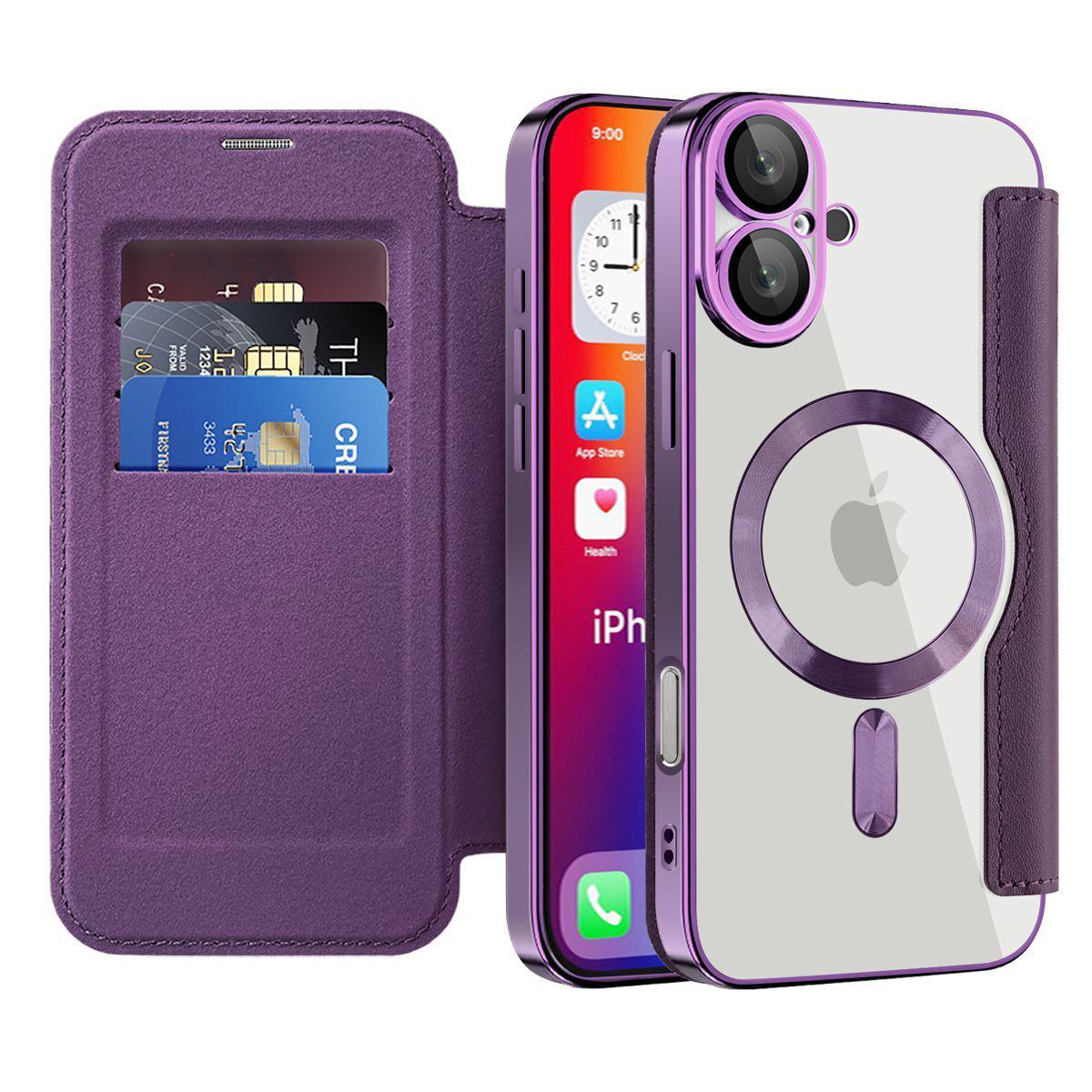 Custodia Per Iphone 16 Plus Compatibile Con Magsafe, Custodia Trasparente Con Portacarte, Custodia In Pelle Con Protezione Della Fotocamera Viola