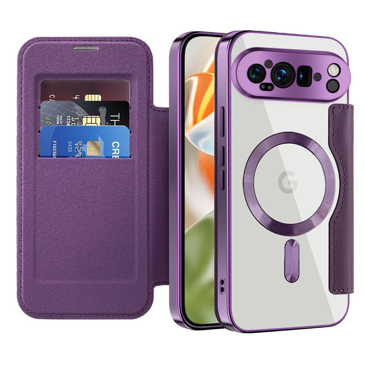 Custodia Per Google Pixel 9 Pro Xl Compatibile Con Magsafe, Custodia Trasparente Con Portacarte, Custodia In Pelle Con Protezione Per Fotocamera Viola