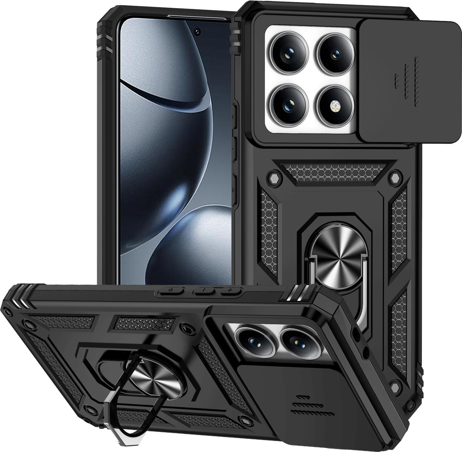 Custodia Xiaomi 14T Pro A Doppio Strato Con Copertura Scorrevole Della Fotocamera E Supporto Ad Anello Nero
