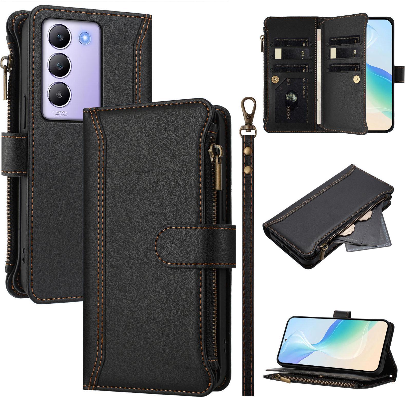 Custodia Per Vivo V30 Lite 4G, Flip Case In Finto Cuoio Con Cerniera E Portafoglio, Con Tasche Per Carte, Supporto E Passante Per La Mano Nero