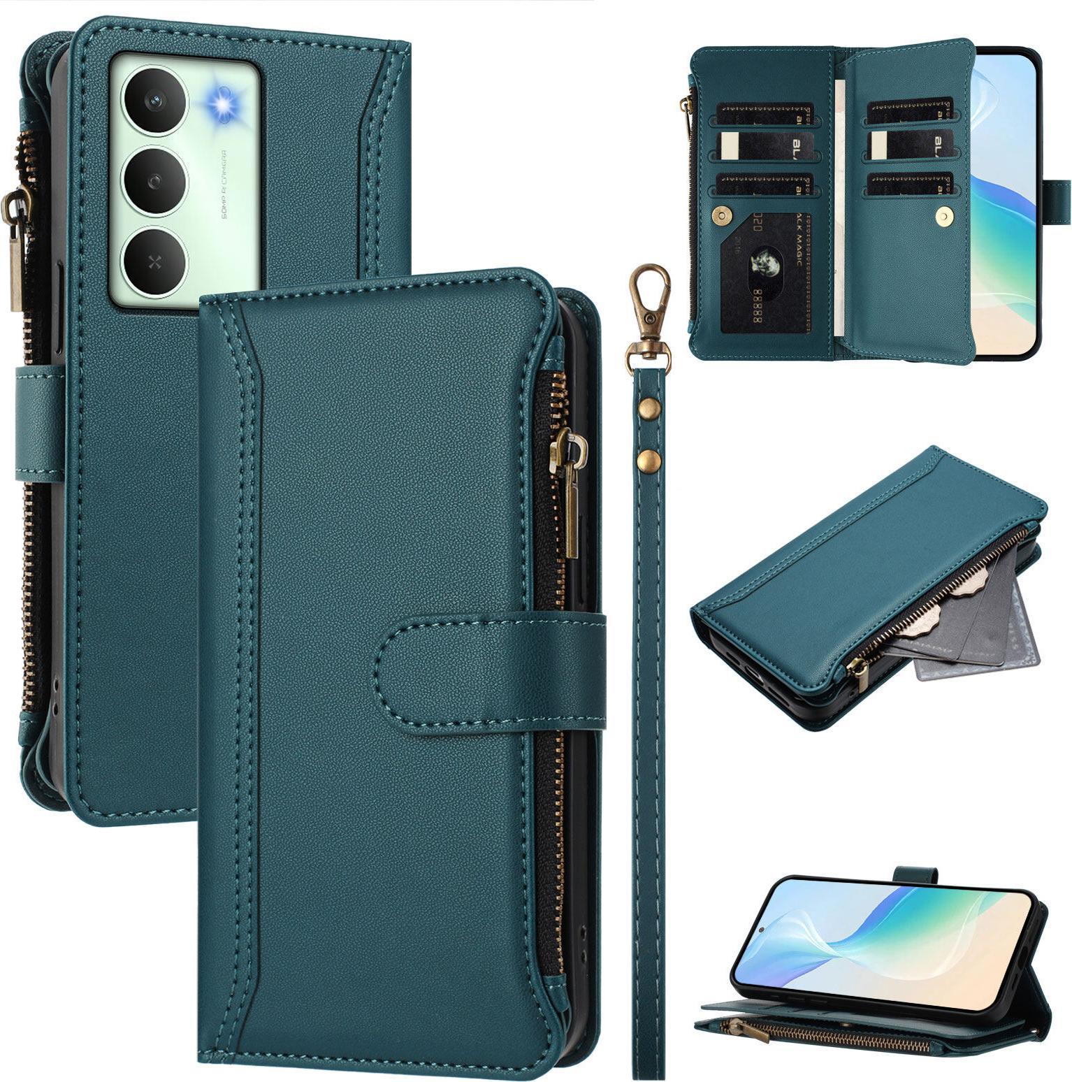 Custodia Per Realme 14X, Con Cerniera, Portafoglio Custodia Flip In Finto Cuoio Con Tasche Per Carte, Supporto E Passante Per La Mano Verde