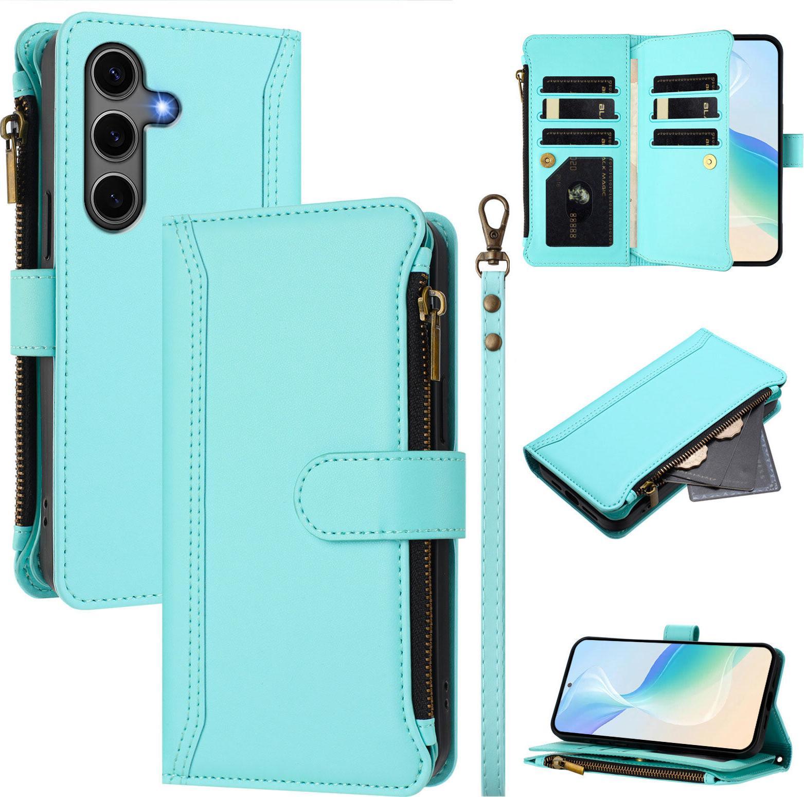Custodia Per Samsung Galaxy S25 Plus/S24 Plus, Con Cerniera, Portafoglio, Custodia Flip In Finto Cuoio Con Tasche Per Carte, Supporto E Passante Per La Mano Verde Menta