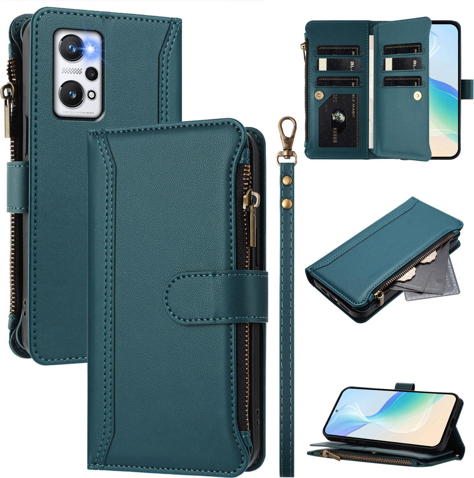 Custodia Per Realme Gt2/Realme Gt Neo 3T, Con Cerniera, Portafoglio Custodia Flip In Finto Cuoio Con Tasche Per Carte, Supporto E Passante Per La Mano Verde