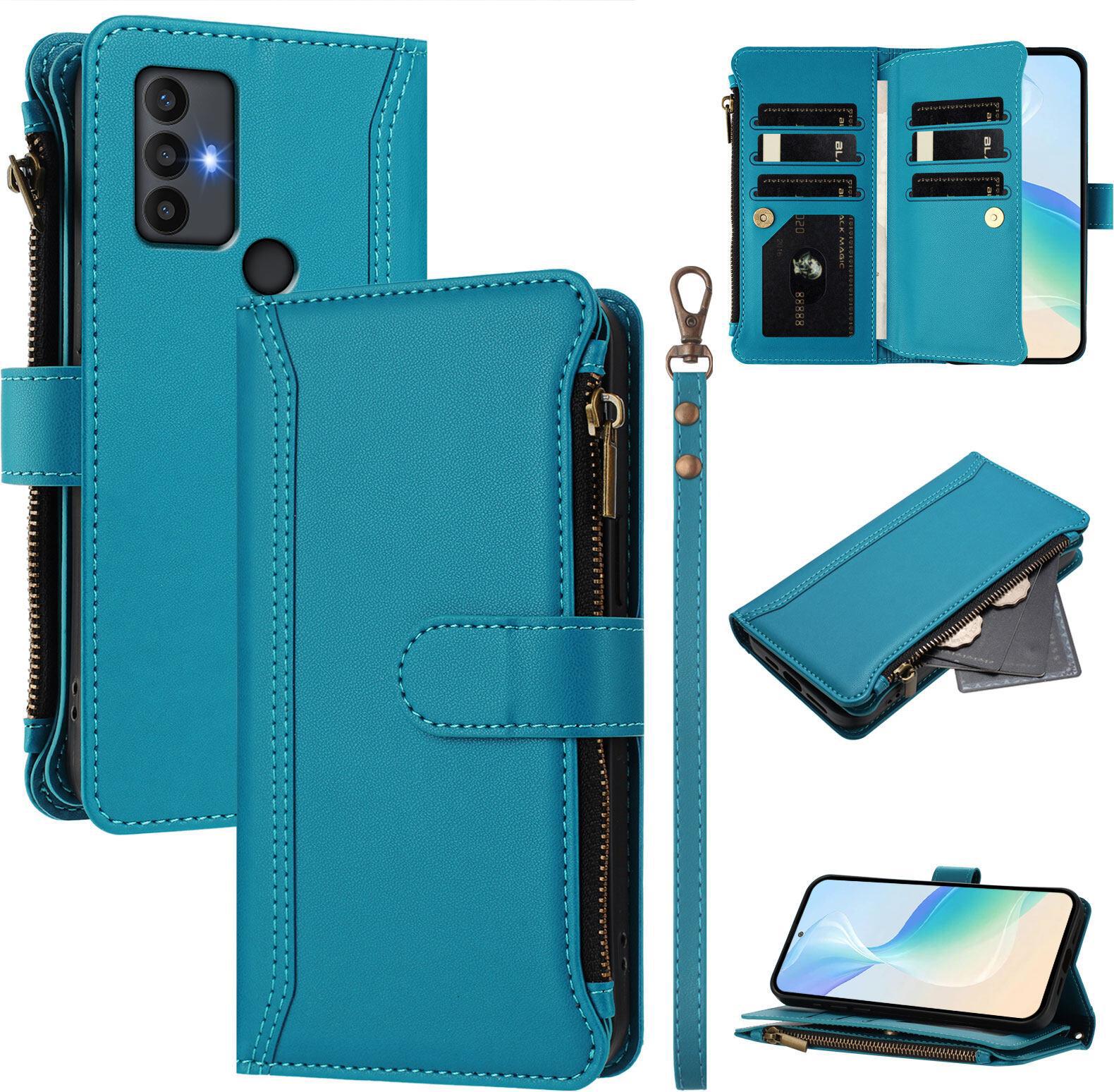 Custodia Per Tcl 30 Se, Con Cerniera, Portafoglio Custodia Flip In Finto Cuoio Con Tasche Per Carte, Supporto E Passante Per Mani Lake Blu