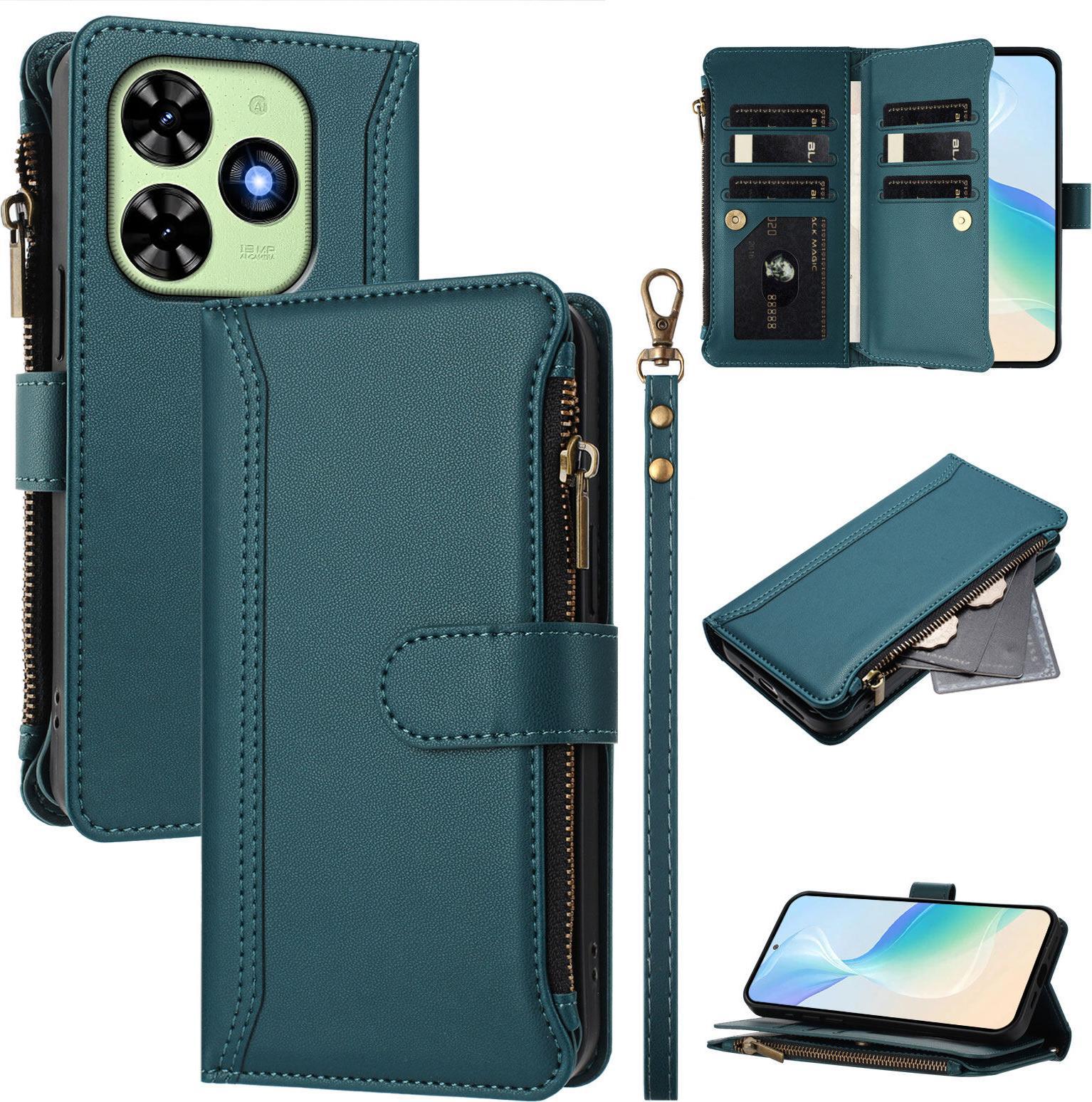 Custodia Per Tecno Spark Go 2024/Spark 20/Spark 20C/Pop 8, Con Cerniera, Portafoglio Custodia Flip In Finto Cuoio Con Tasche Per Carte, Supporto E Passante Per La Mano Verde