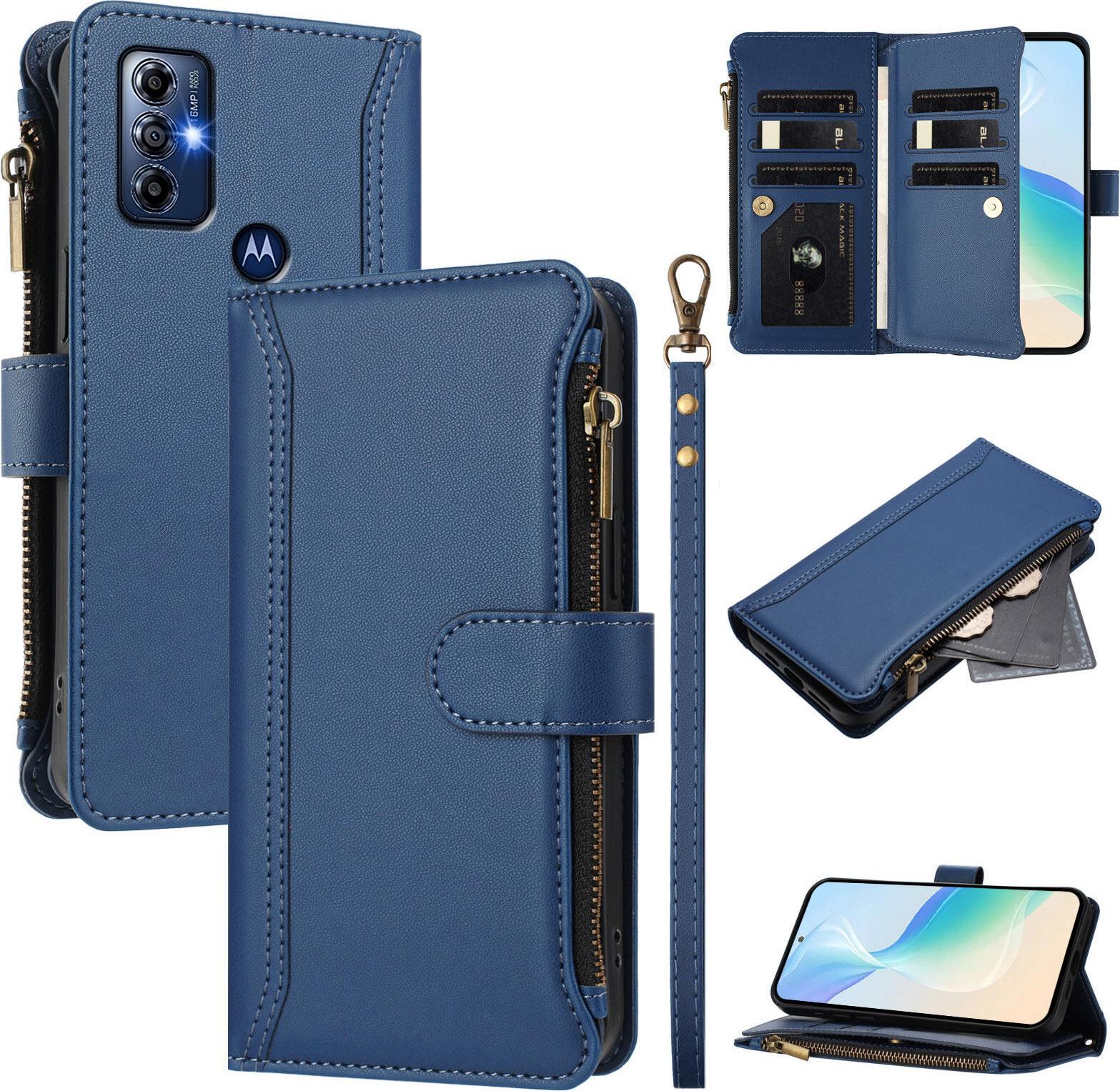 Custodia Per Motorola Moto G Play 2023/Moto G Pure, Con Cerniera, Portafoglio Custodia Flip In Finto Cuoio Con Tasche Per Carte, Supporto E Passante Per Mano Blu