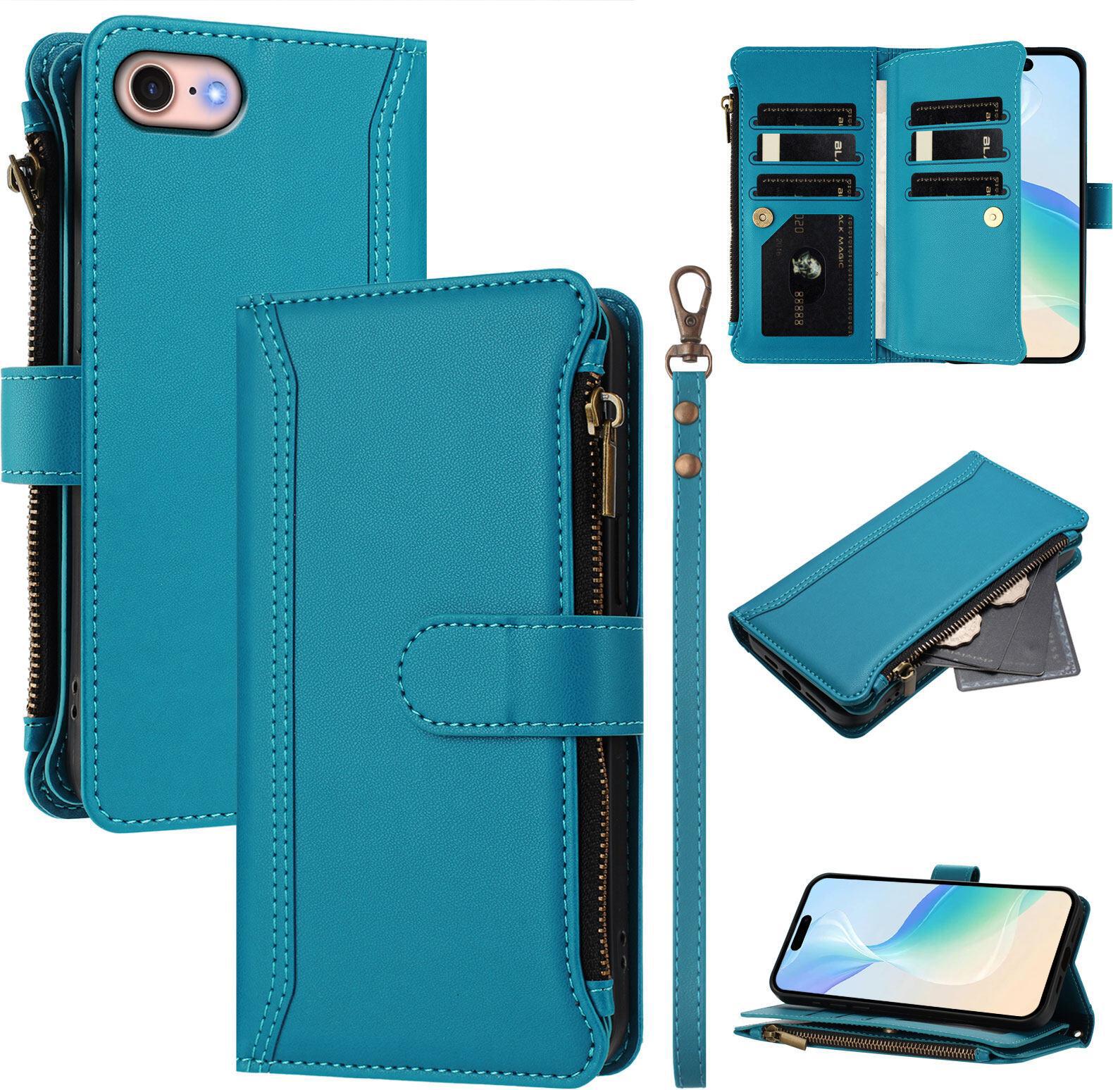 Custodia Per Iphone Se 2022/SE 2020/8/7/6, Con Cerniera, Portafoglio Custodia Flip In Finto Cuoio Con Tasche Per Carte, Supporto E Passante Per Mani Lake Blu