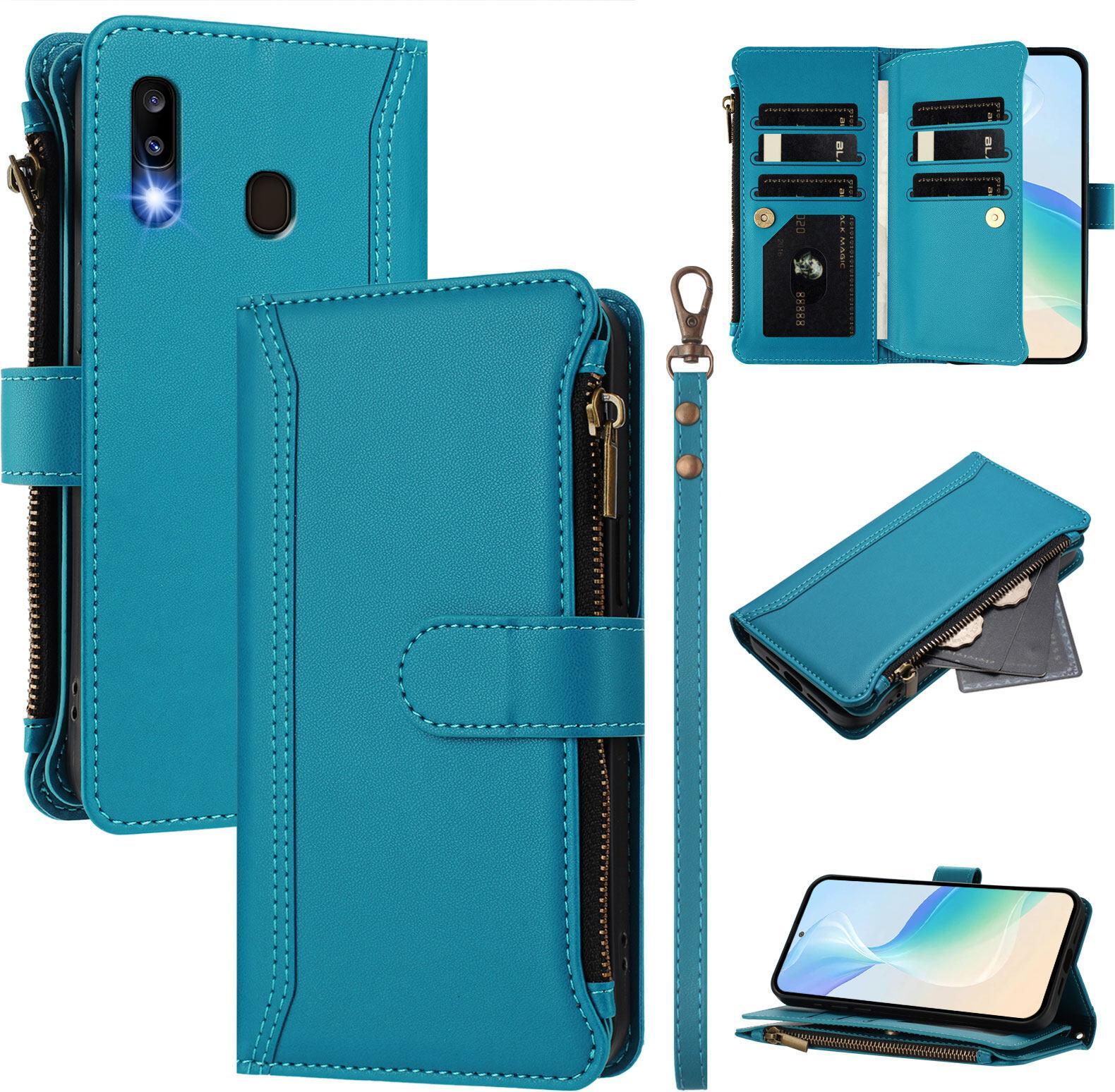 Custodia Per Samsung Galaxy A20/A30, Con Cerniera, Portafoglio, Custodia Flip In Finto Cuoio Con Tasche Per Carte, Supporto E Passante Per Mani Lake Blu
